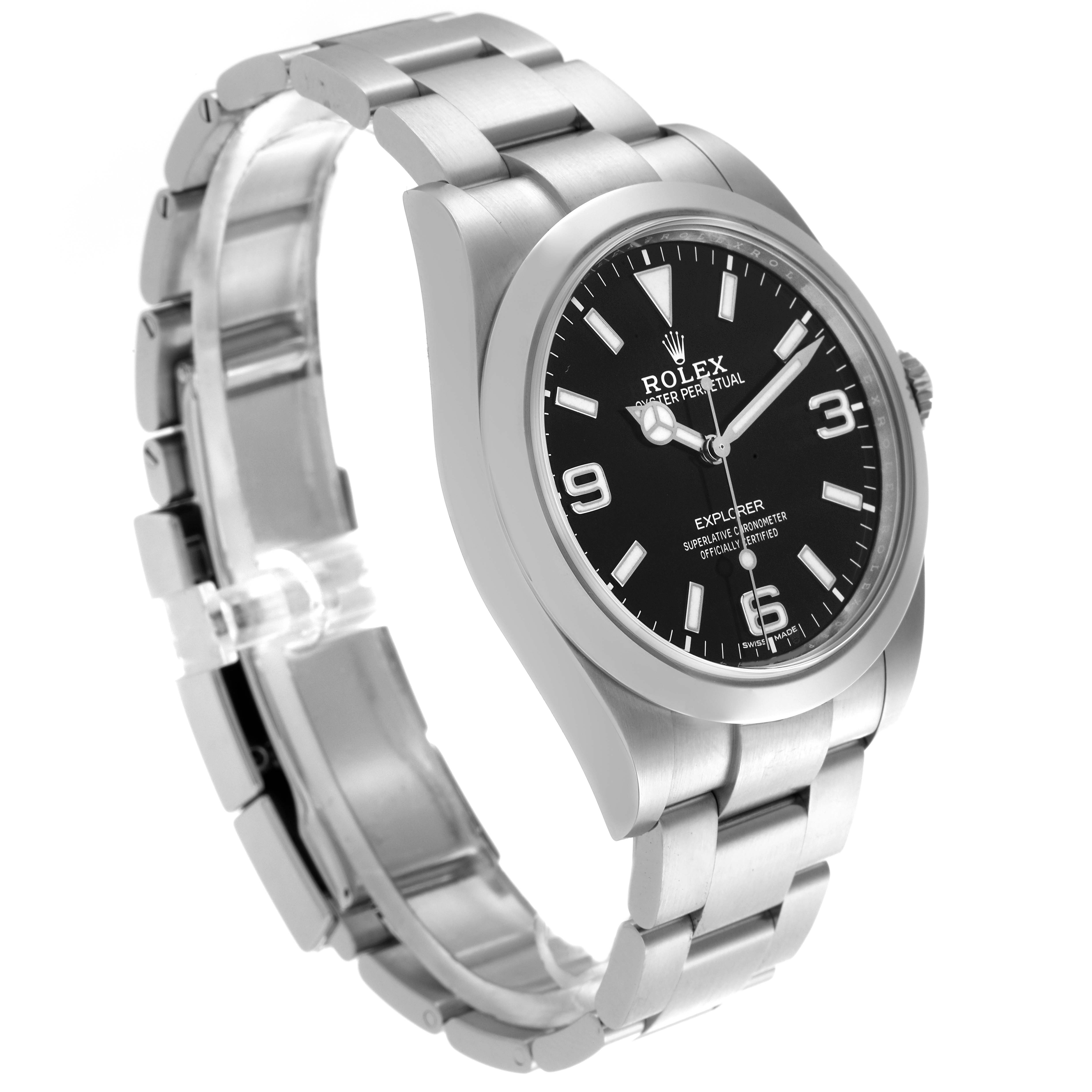The Rolex Explorer 214270 Men's Stainless Steel Black Dial 214270 Men's Stainless Steel Black Dial watch is shown at a three-quarter angle, highlighting the dial, case, bracelet, and clasp.