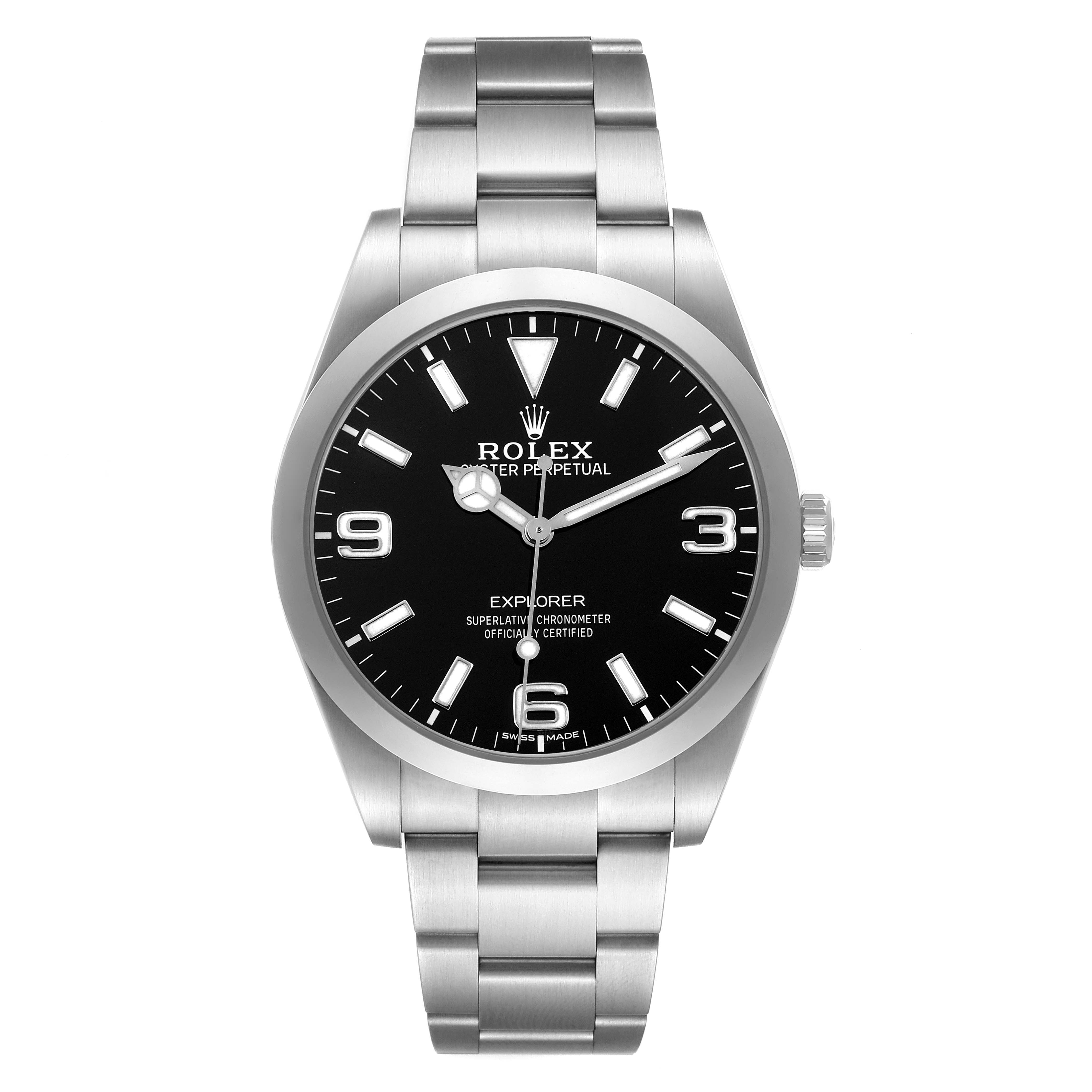 The image shows a front view of the Rolex Explorer 214270 Men's Stainless Steel Black Dial 214270 Men's Stainless Steel Black Dial watch, highlighting its black dial, case, and bracelet.