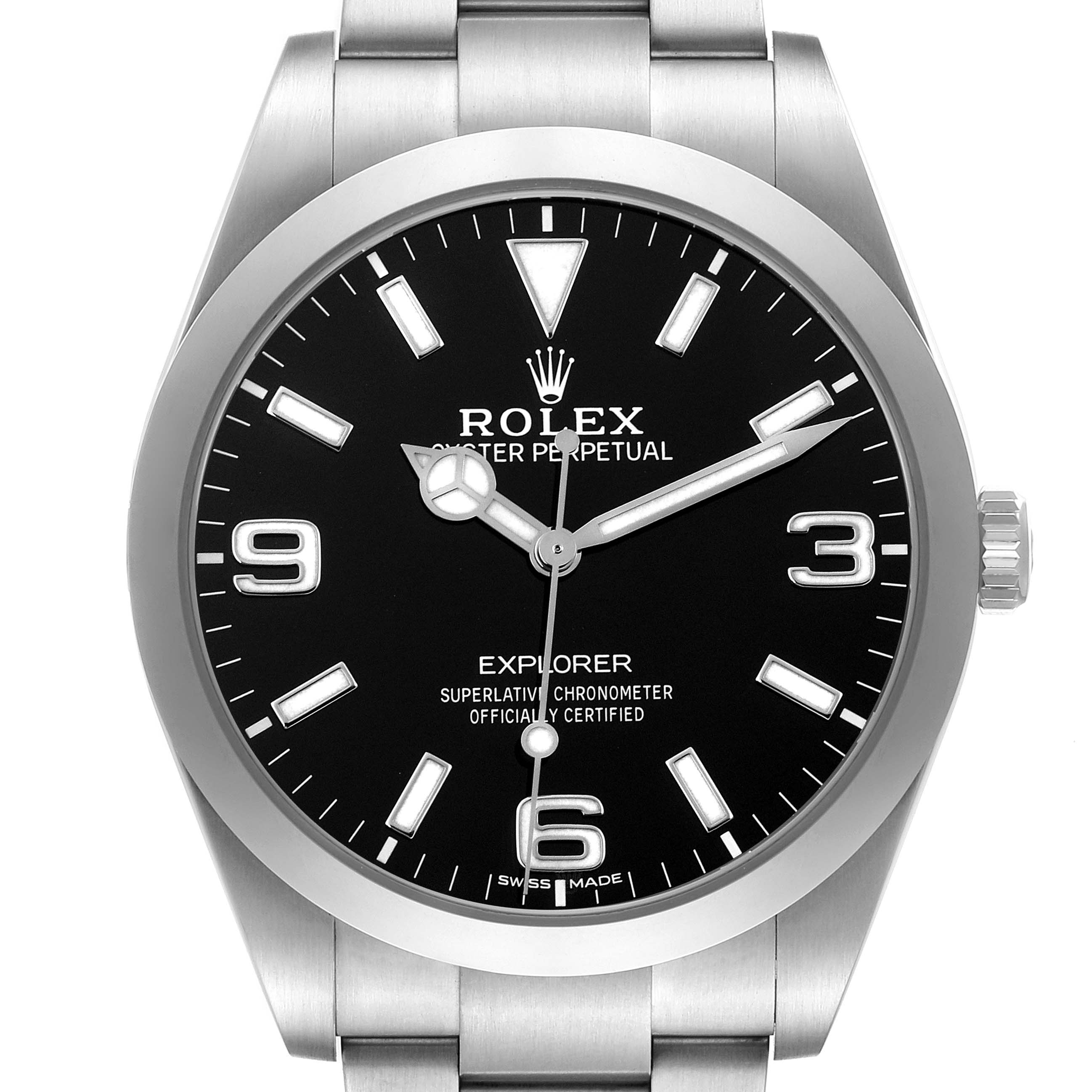 The Rolex Explorer 214270 Men's Stainless Steel Black Dial 214270 Men's Stainless Steel Black Dial watch is shown from the front, displaying the dial, hands, and part of the bracelet.