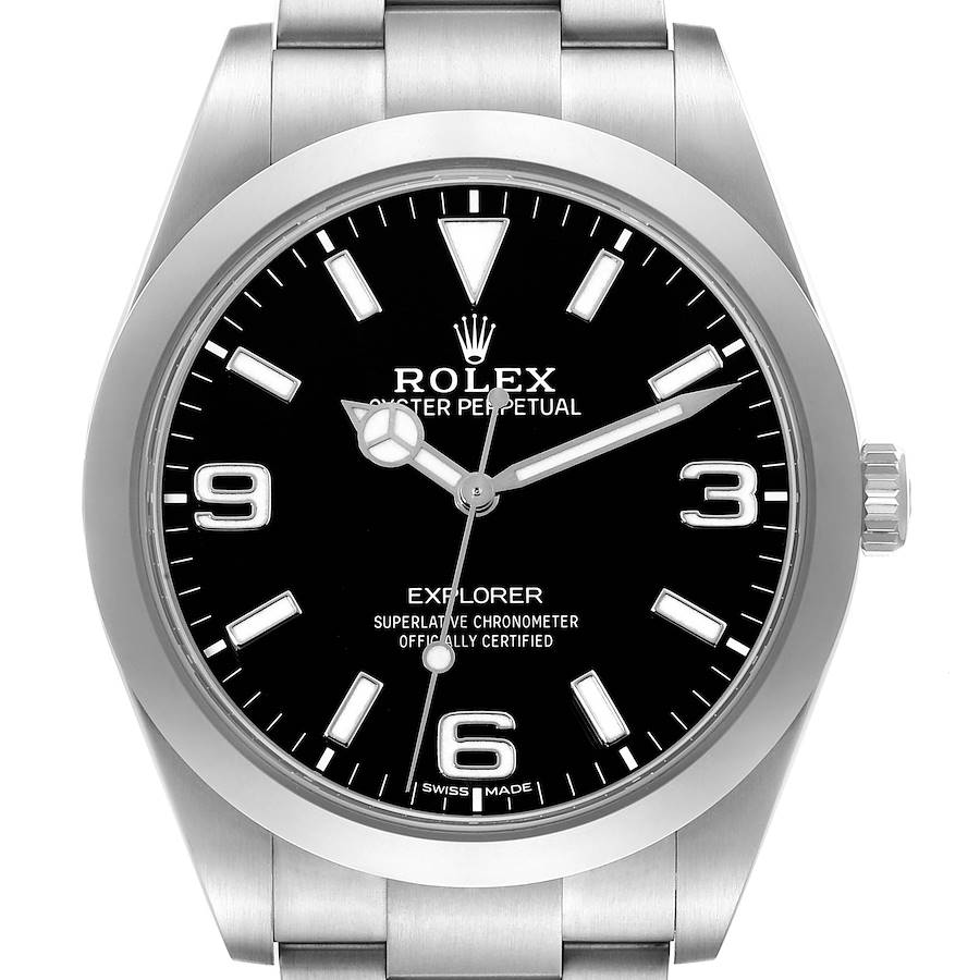 The image shows a frontal view of the Rolex Explorer watch, highlighting the dial, hour markers, and bracelet.
