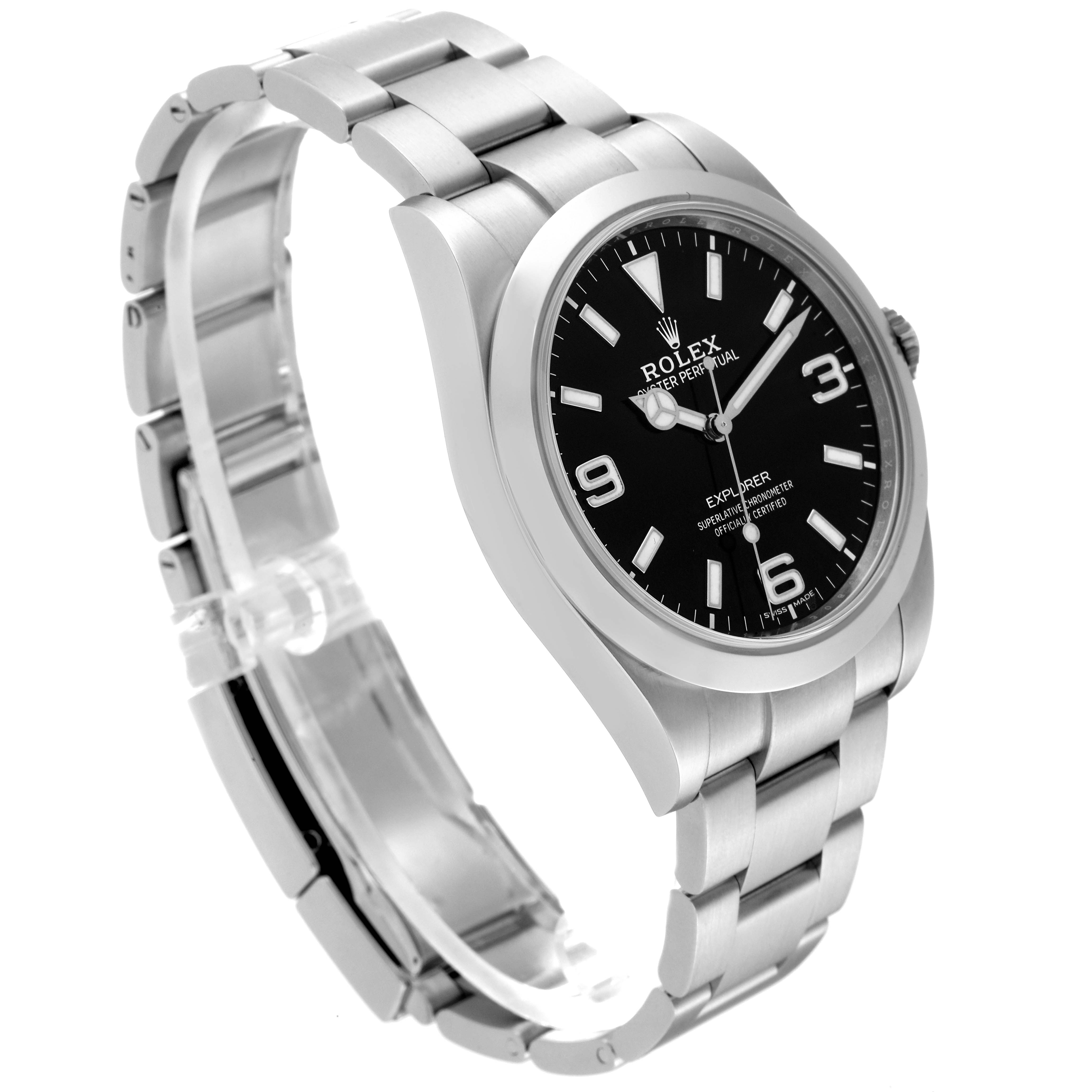 The Rolex Explorer 214270 Men's Stainless Steel Black Dial 214270 Men's Stainless Steel Black Dial watch is shown at an angled side view, highlighting the case, bezel, bracelet, and dial.