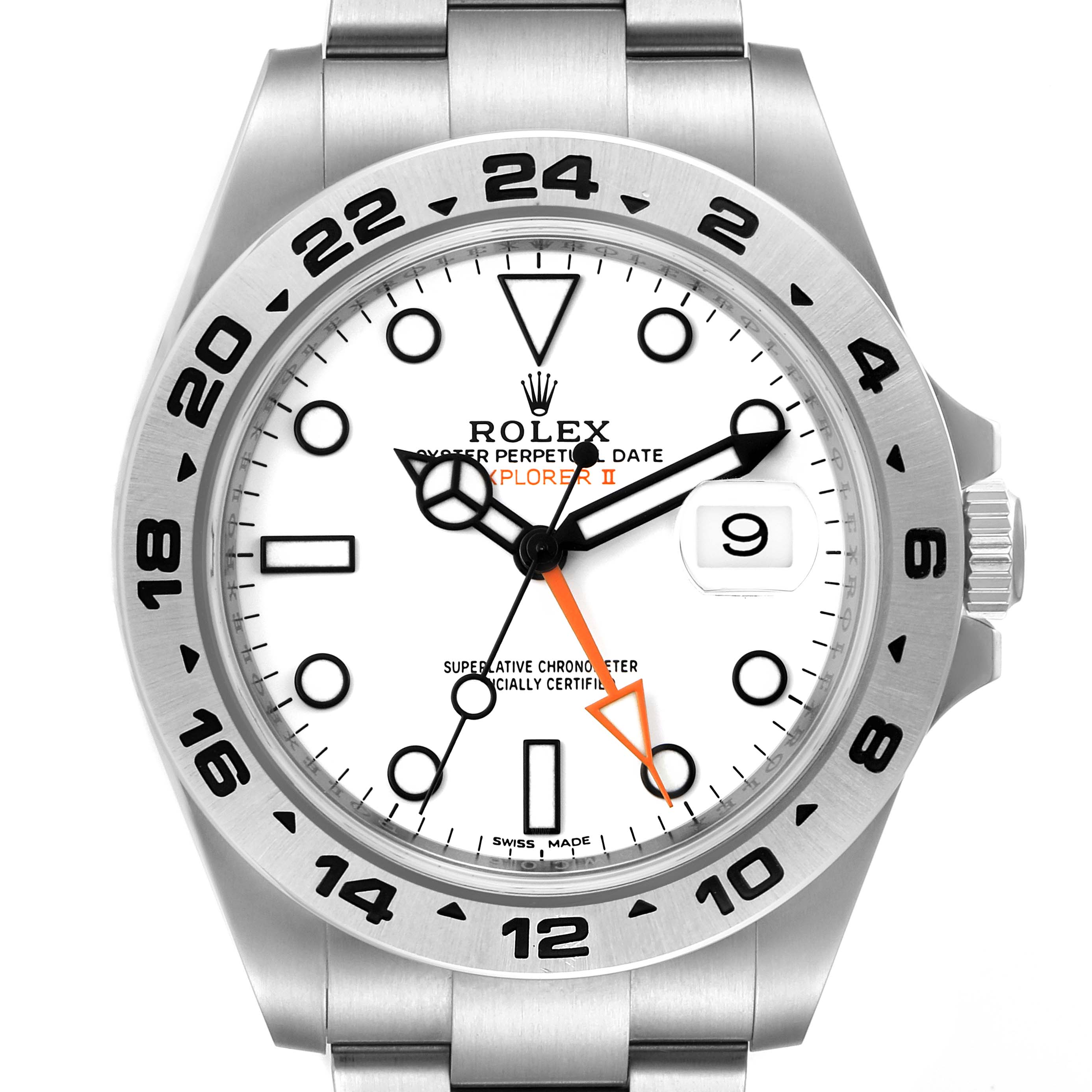 The image shows a front view of the Rolex Explorer 216570 Men
s Stainless Steel White Dial 216570 Men
s Stainless Steel White Dial watch, displaying its dial, bezel, and bracelet.