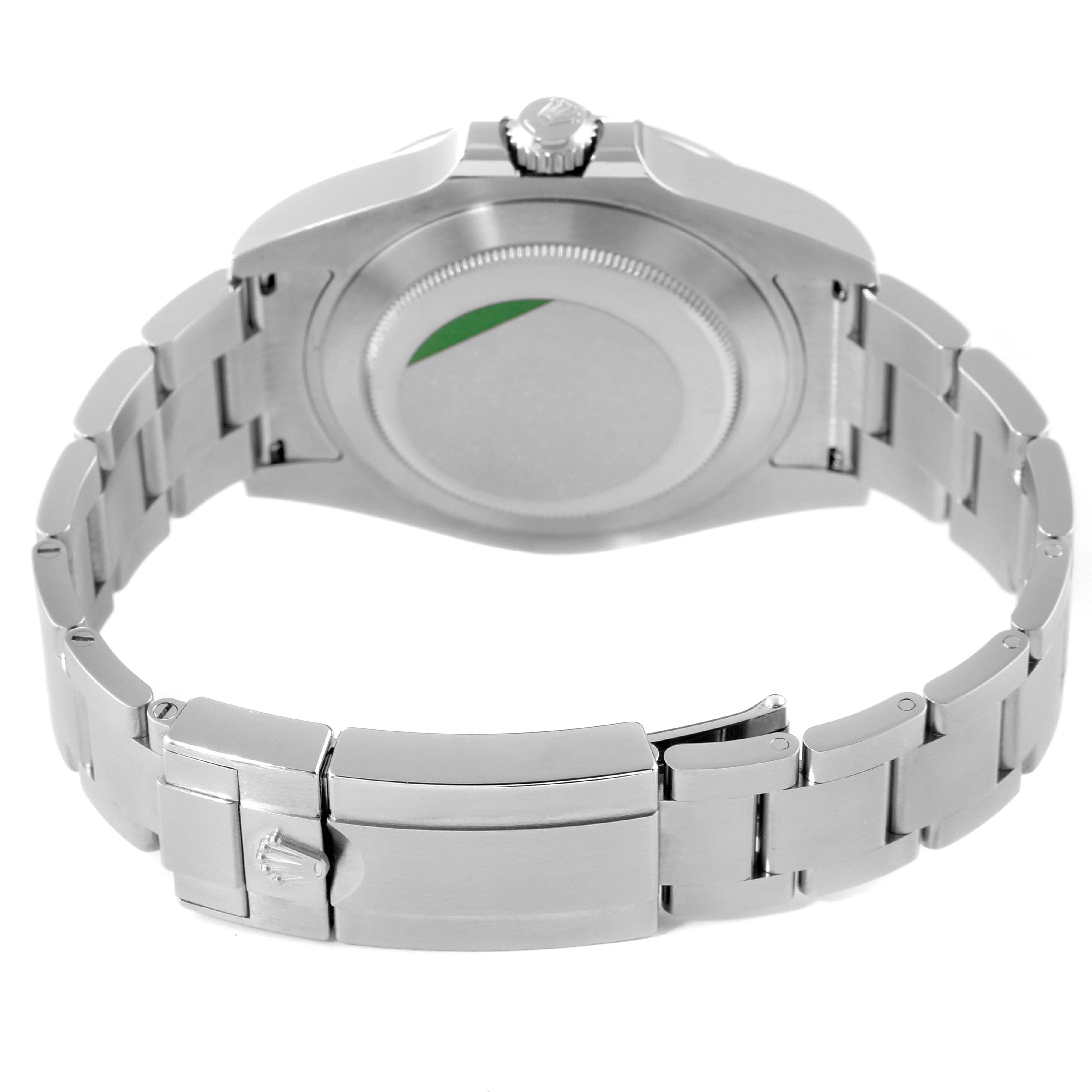 The image shows the back view of a Rolex Explorer 216570 Men
s Stainless Steel White Dial 216570 Men
s Stainless Steel White Dial watch, highlighting its case back, bracelet, and clasp.