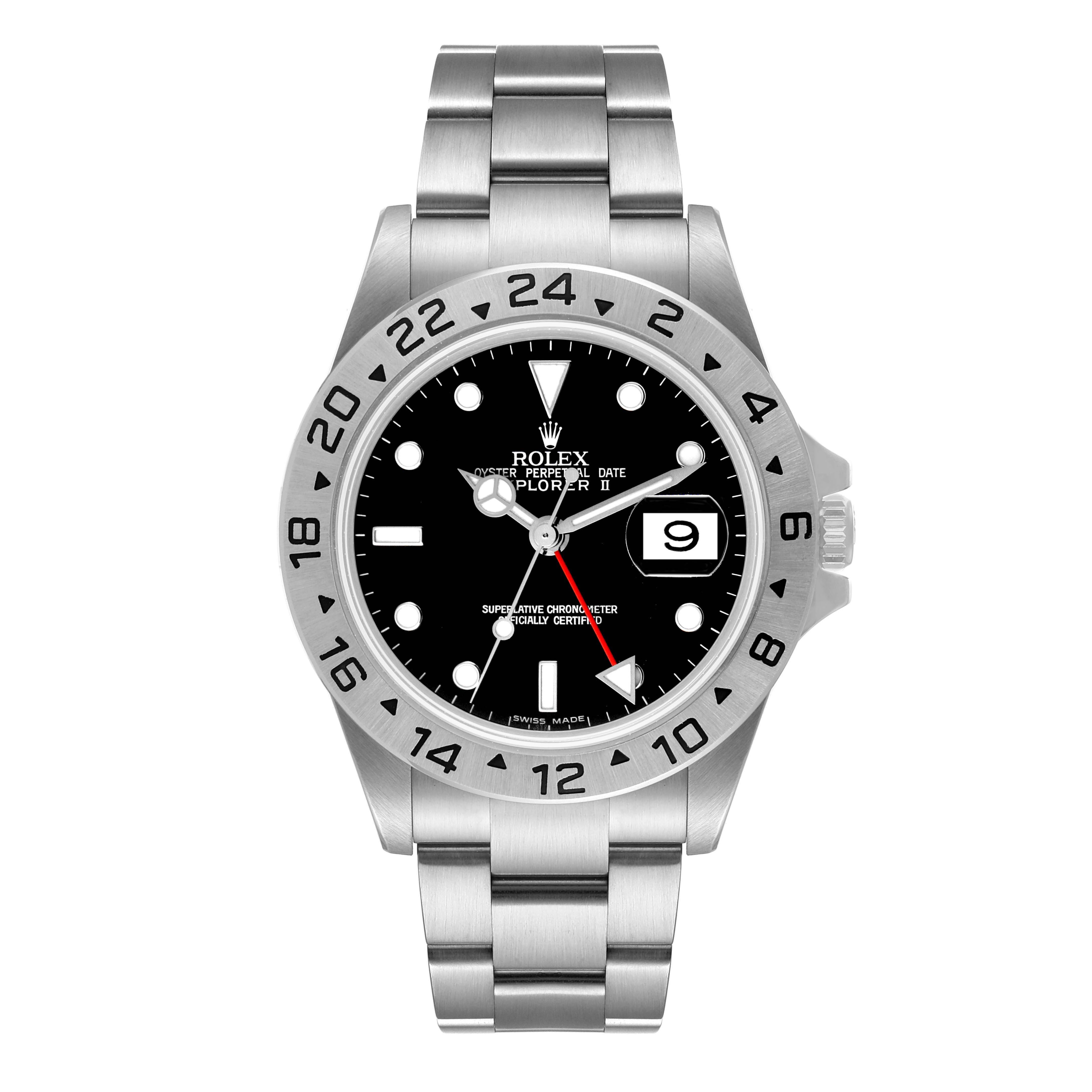 This is a frontal view of the Rolex Explorer 16570 Men's Stainless Steel Black Dial 16570 Men's Stainless Steel Black Dial watch, showing its bezel, dial, hands, crown, and bracelet.