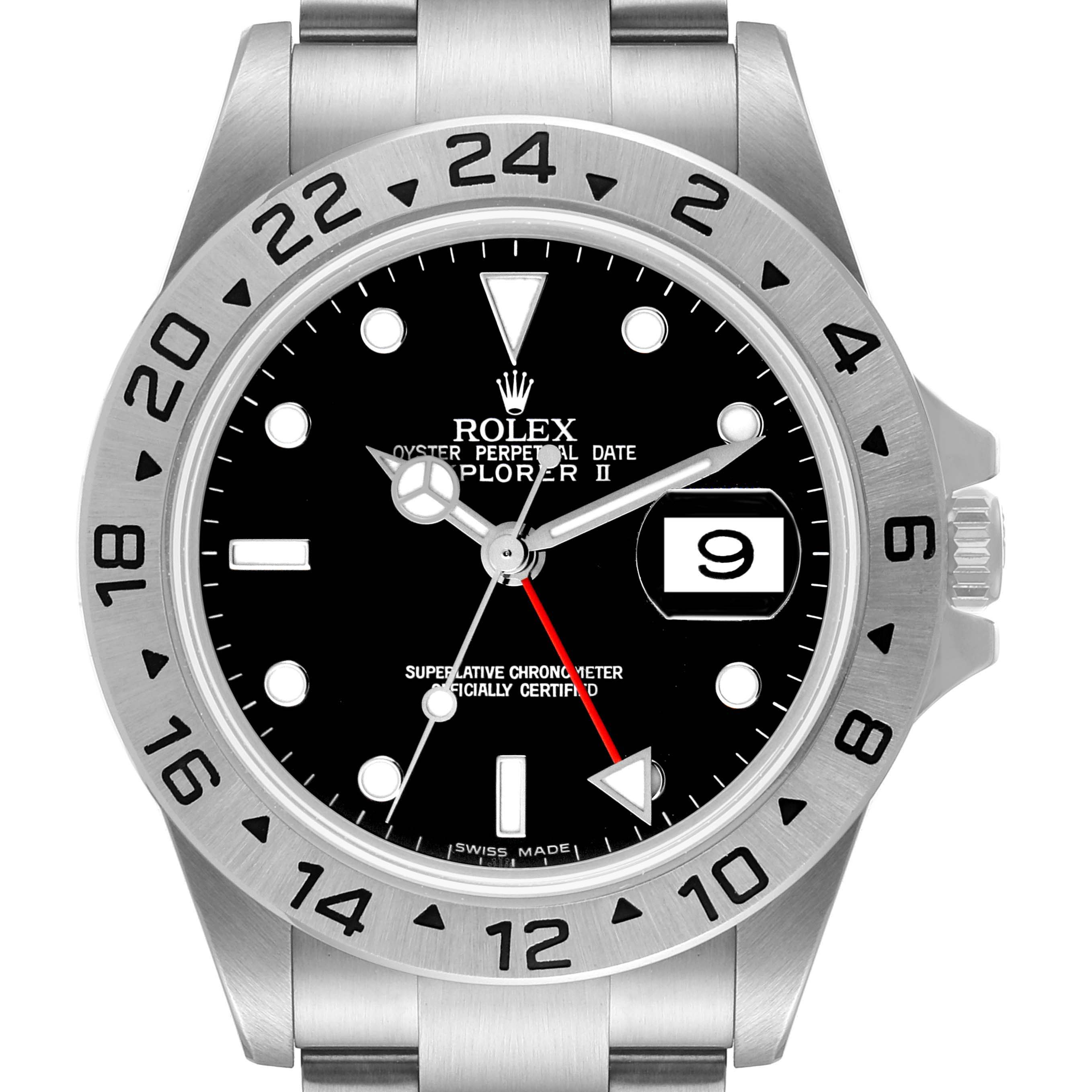 The image shows a front view of the Rolex Explorer 16570 Men's Stainless Steel Black Dial 16570 Men's Stainless Steel Black Dial watch, highlighting its dial, bezel, crown, and bracelet.