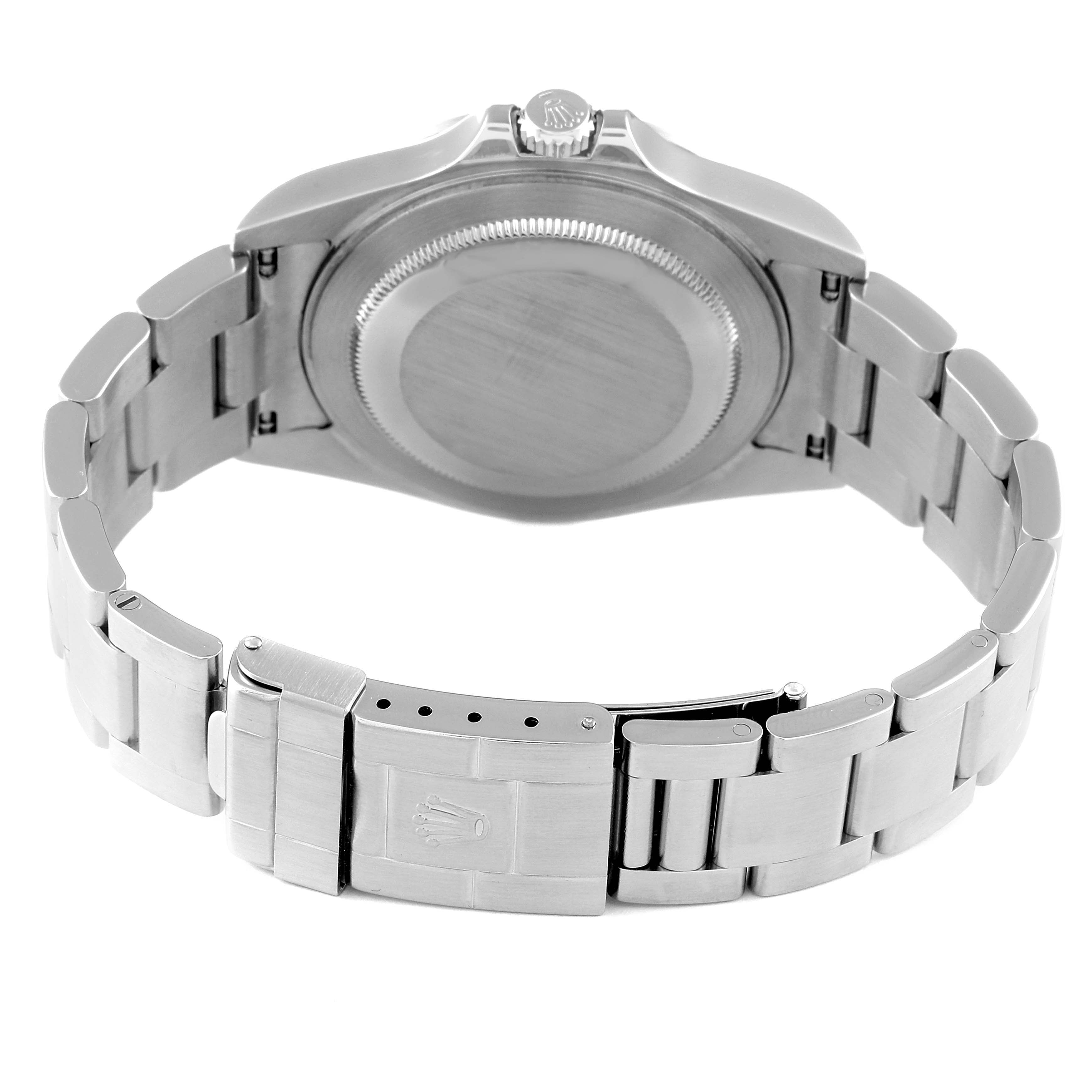 The image shows the back view of a Rolex Explorer 16570 Men's Stainless Steel Black Dial 16570 Men's Stainless Steel Black Dial watch, highlighting its bracelet, clasp, and case back.