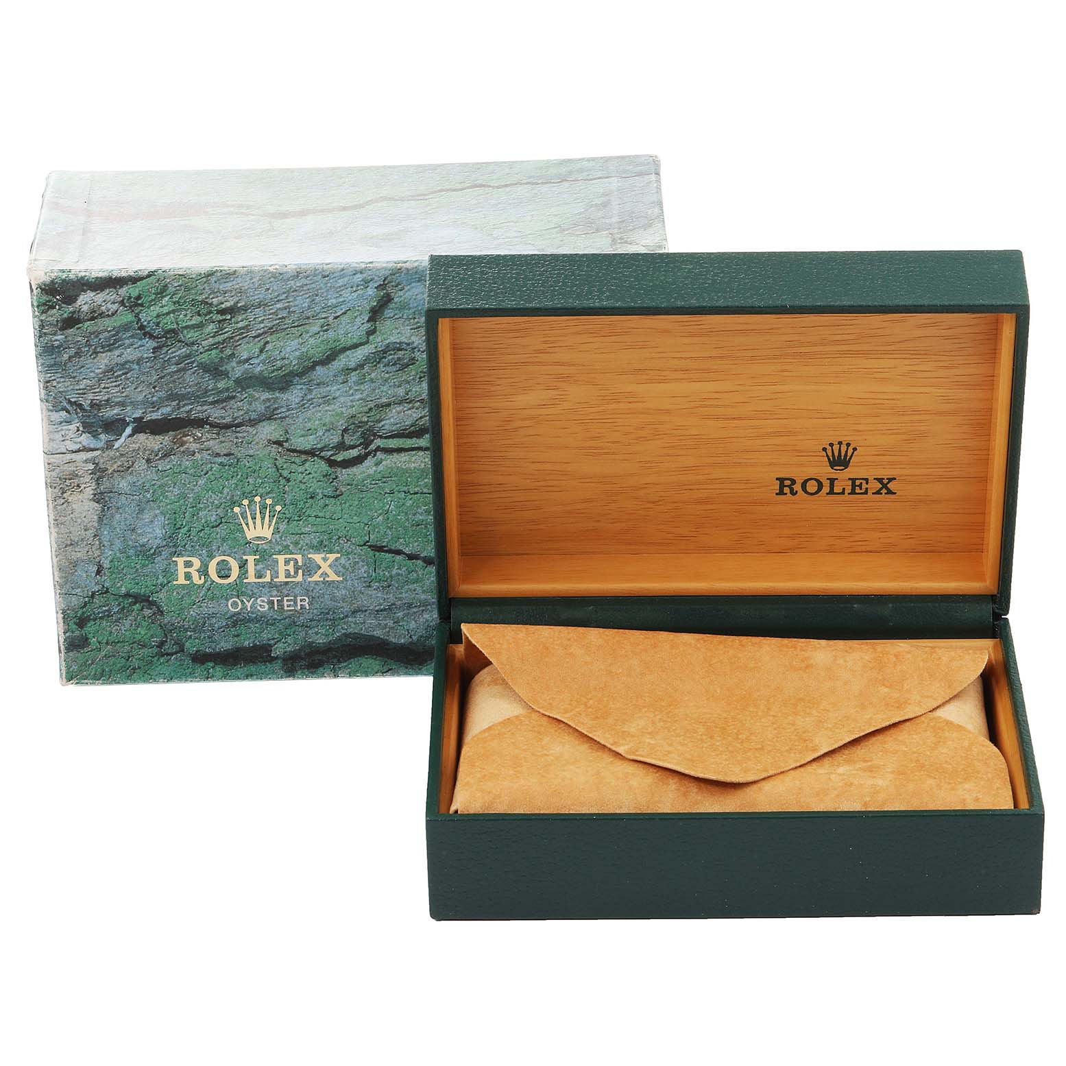 The image shows an open Rolex Explorer 16570 Men's Stainless Steel Black Dial 16570 Men's Stainless Steel Black Dial watch box with interior padding and the outer packaging in the background.