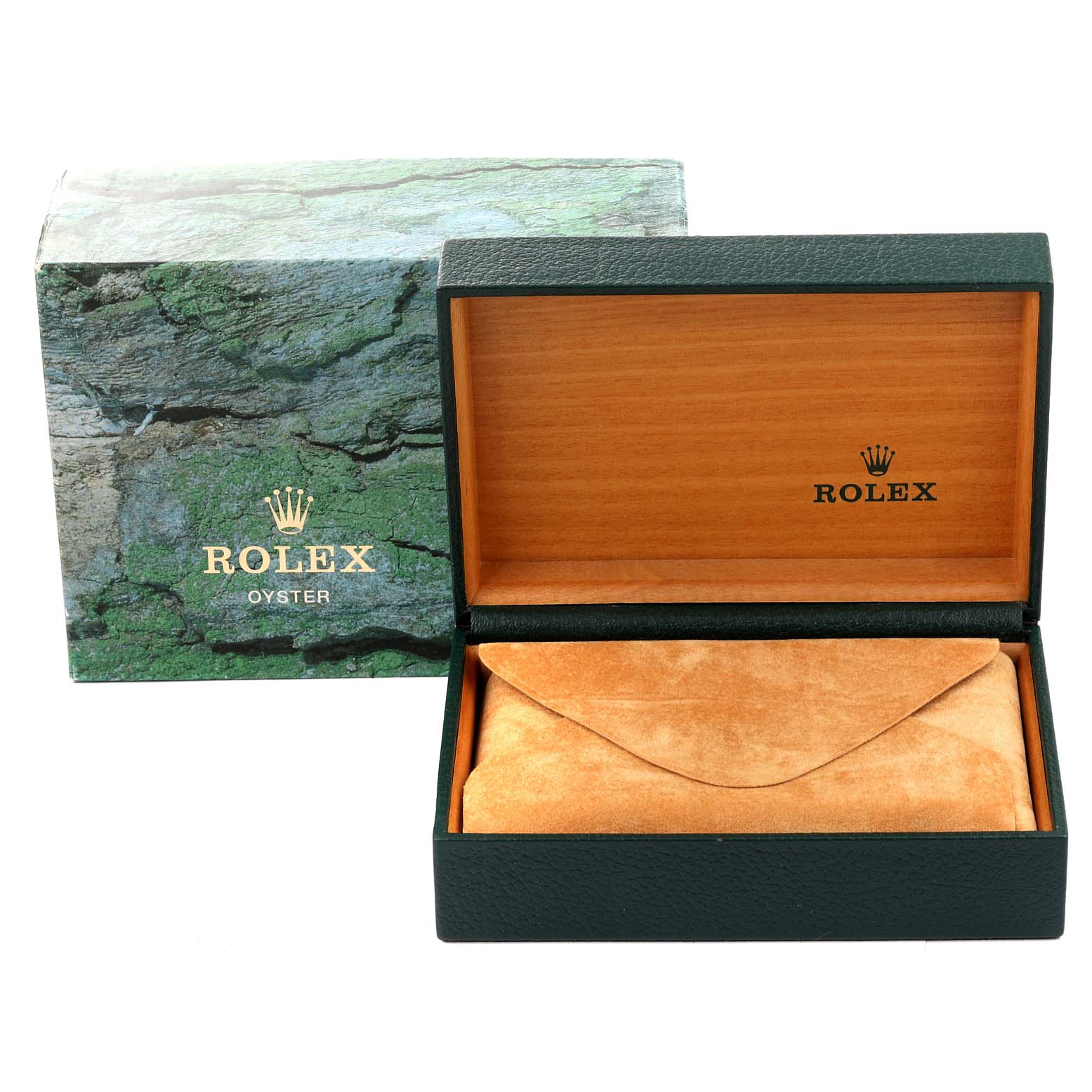 The image shows the green exterior box and open interior wooden box for a Rolex Explorer 16570 Men
s Stainless Steel Black Dial 16570 Men
s Stainless Steel Black Dial model.