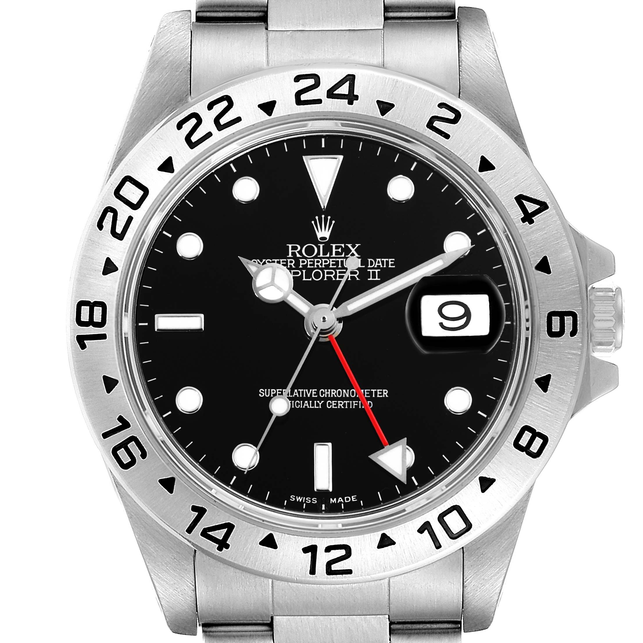 This image shows a Rolex Explorer 16570 Men
s Stainless Steel Black Dial 16570 Men
s Stainless Steel Black Dial watch, featuring a black dial, date magnifier, 24-hour bezel, and stainless steel bracelet.