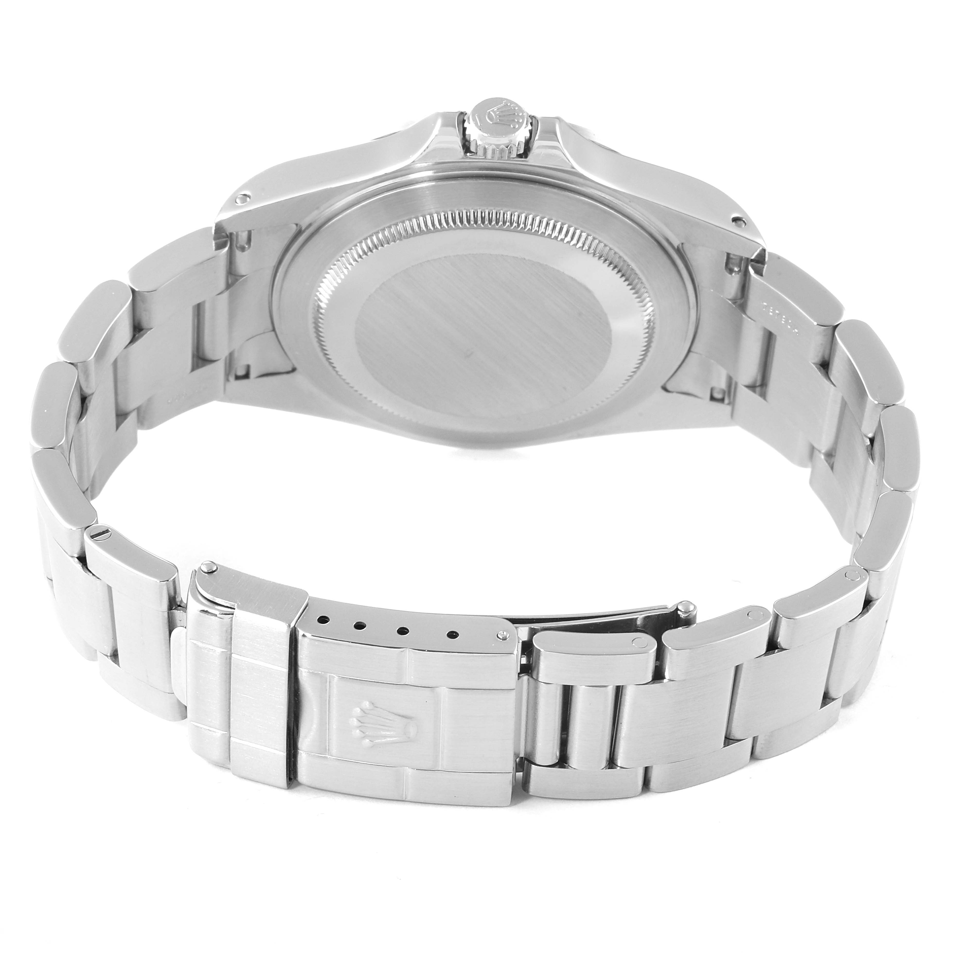 This image shows the back and bracelet of a Rolex Explorer 16570 Men
s Stainless Steel Black Dial 16570 Men
s Stainless Steel Black Dial watch, including the case back, crown, and clasp.