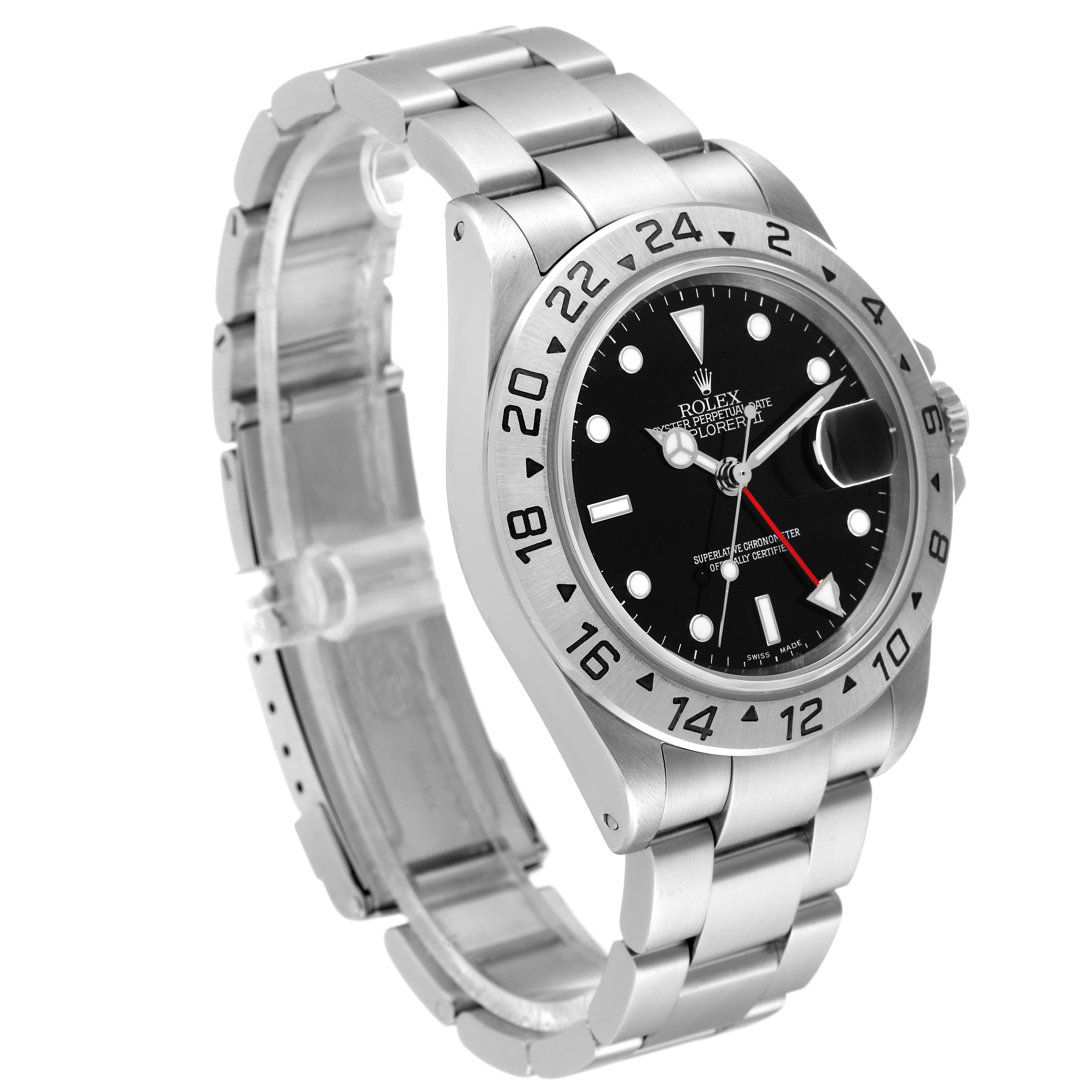 The image shows a side angle of a Rolex Explorer 16570 Men
s Stainless Steel Black Dial 16570 Men
s Stainless Steel Black Dial watch, highlighting the bracelet, bezel, dial, and crown.