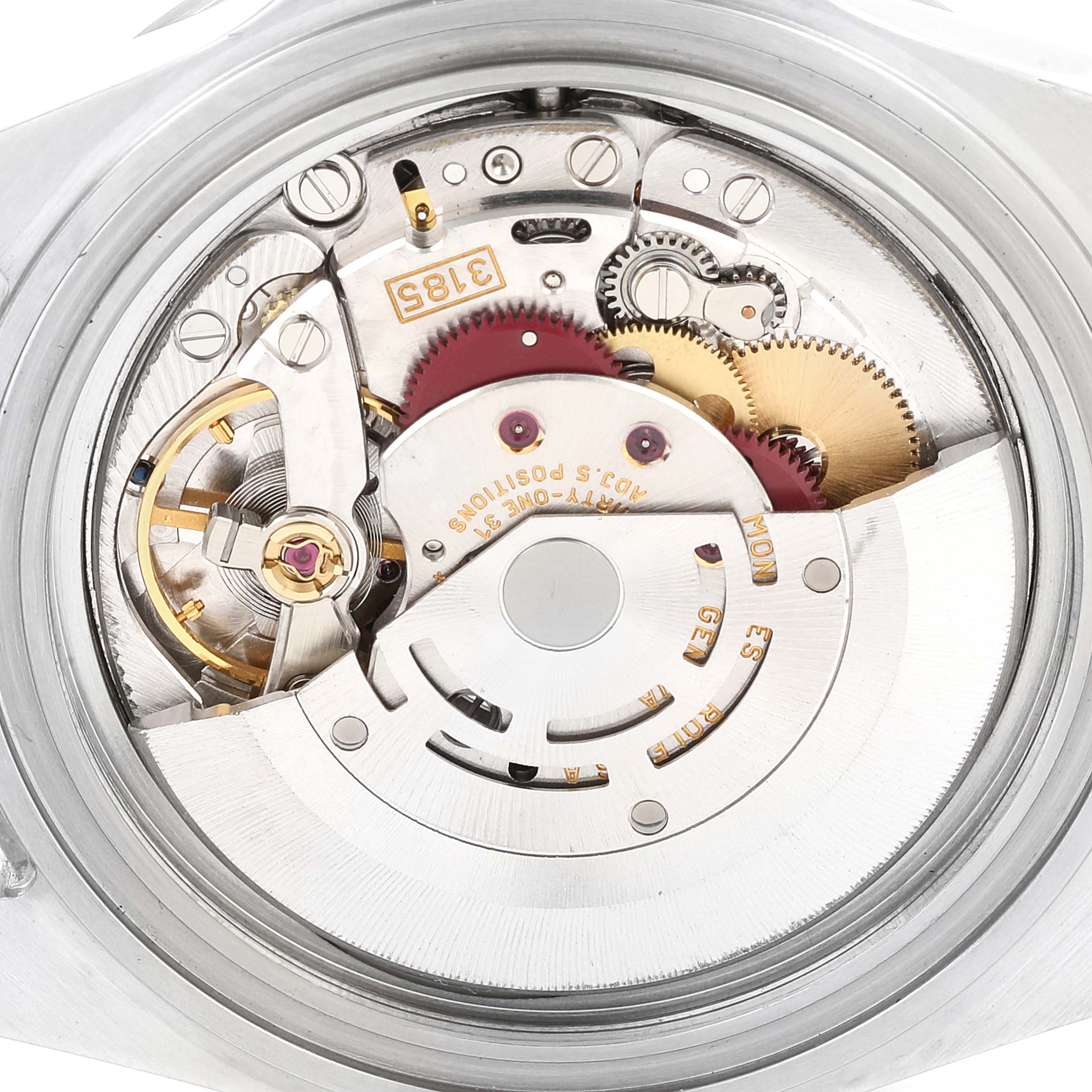 This image shows the back view of the movement and inner workings of a Rolex Explorer 16570 Men
s Stainless Steel Black Dial 16570 Men
s Stainless Steel Black Dial watch.