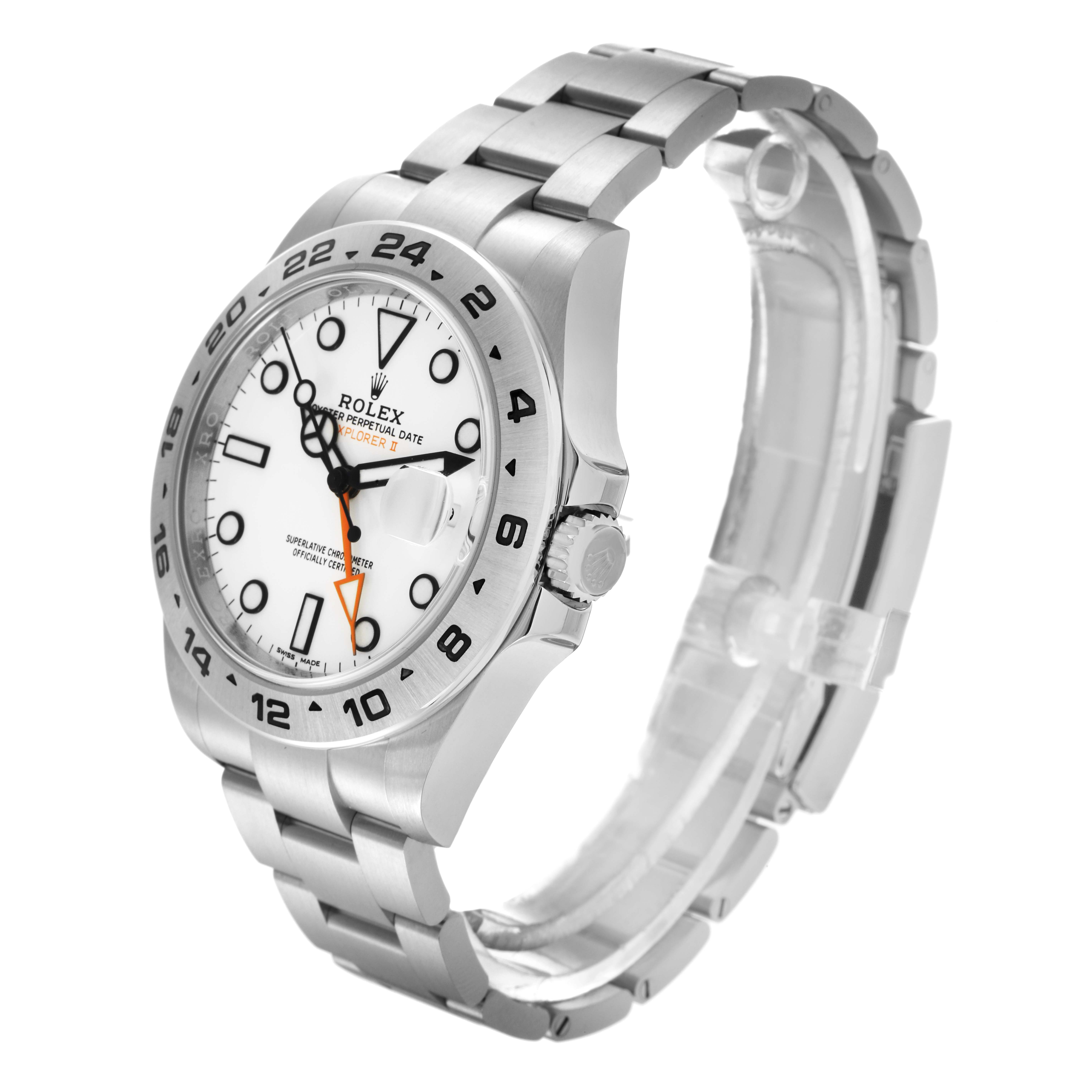 The Rolex Explorer 216570 Men's Stainless Steel White Dial 216570 Men's Stainless Steel White Dial watch is shown at a three-quarter angle, displaying the face, bezel, crown, and bracelet.