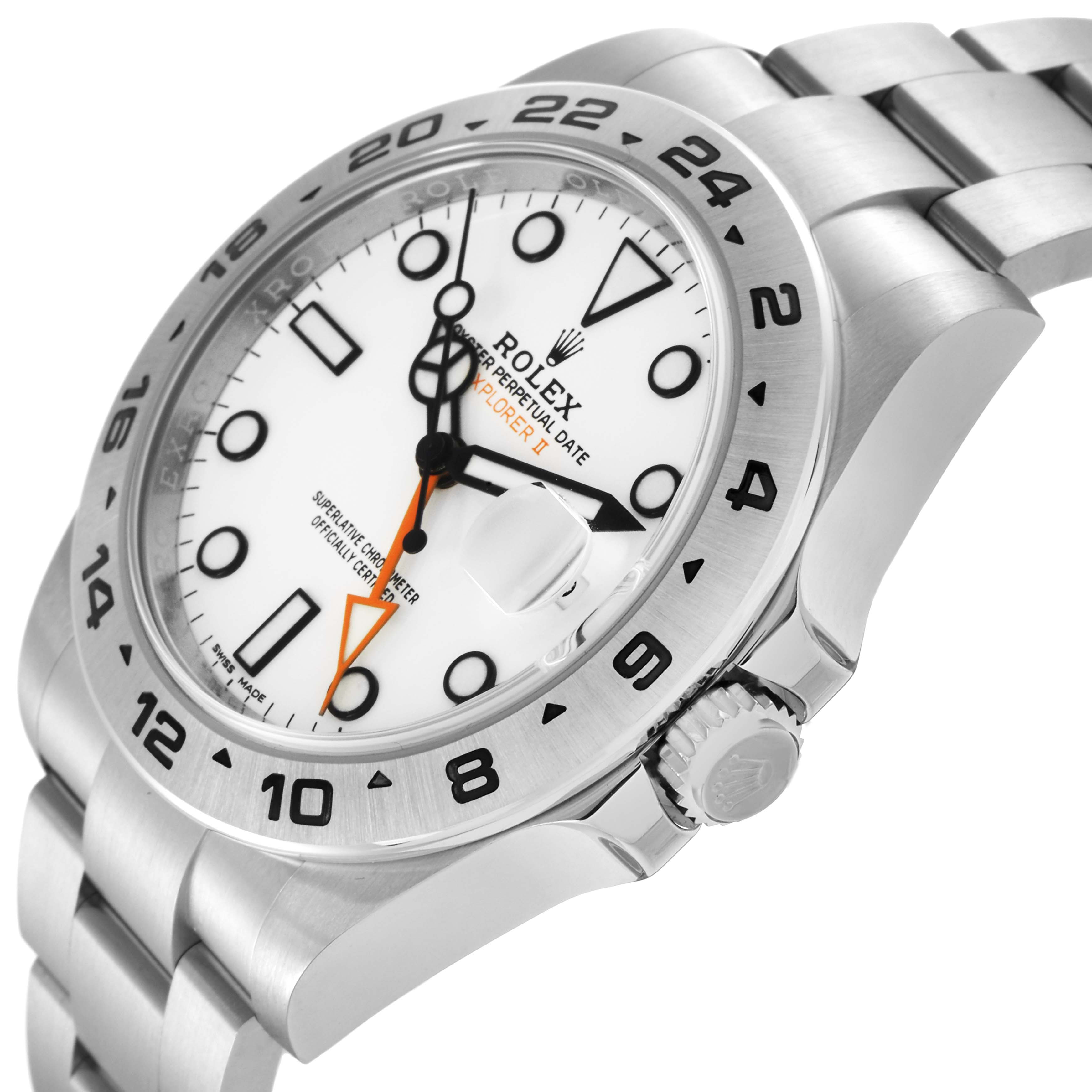 The Rolex Explorer 216570 Men's Stainless Steel White Dial 216570 Men's Stainless Steel White Dial watch is shown at an angle displaying the face, bezel, crown, and part of the bracelet.