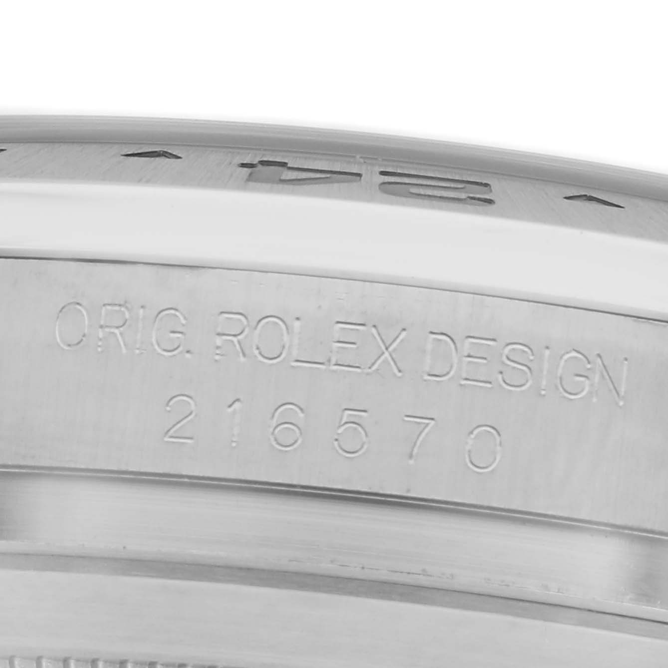 The image shows an engraving on the side of a Rolex Explorer 216570 Men's Stainless Steel White Dial 216570 Men's Stainless Steel White Dial watch case with the model number 216570.