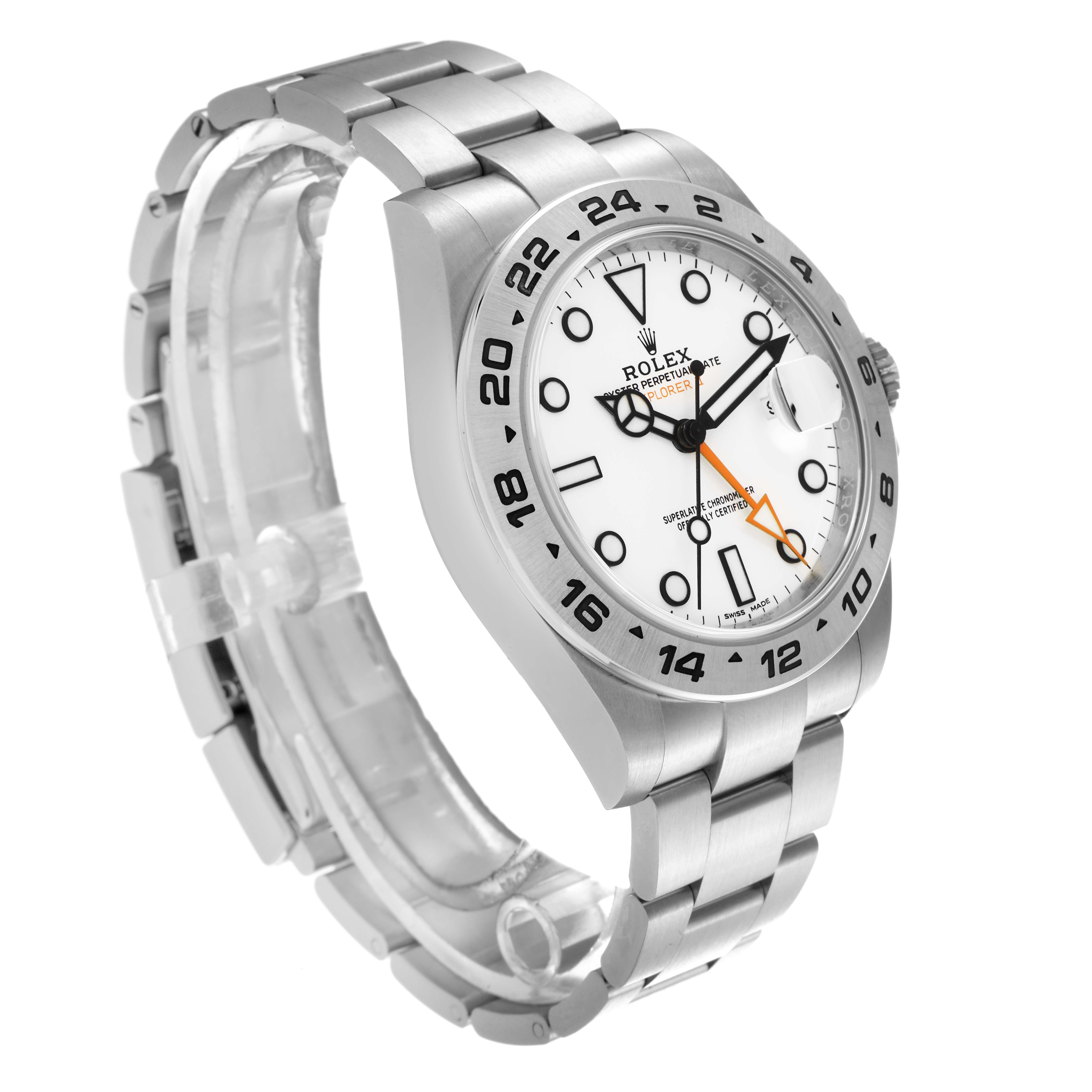 The Rolex Explorer 216570 Men's Stainless Steel White Dial 216570 Men's Stainless Steel White Dial watch is shown at a three-quarter angle, highlighting the white dial, bezel, and stainless steel bracelet.