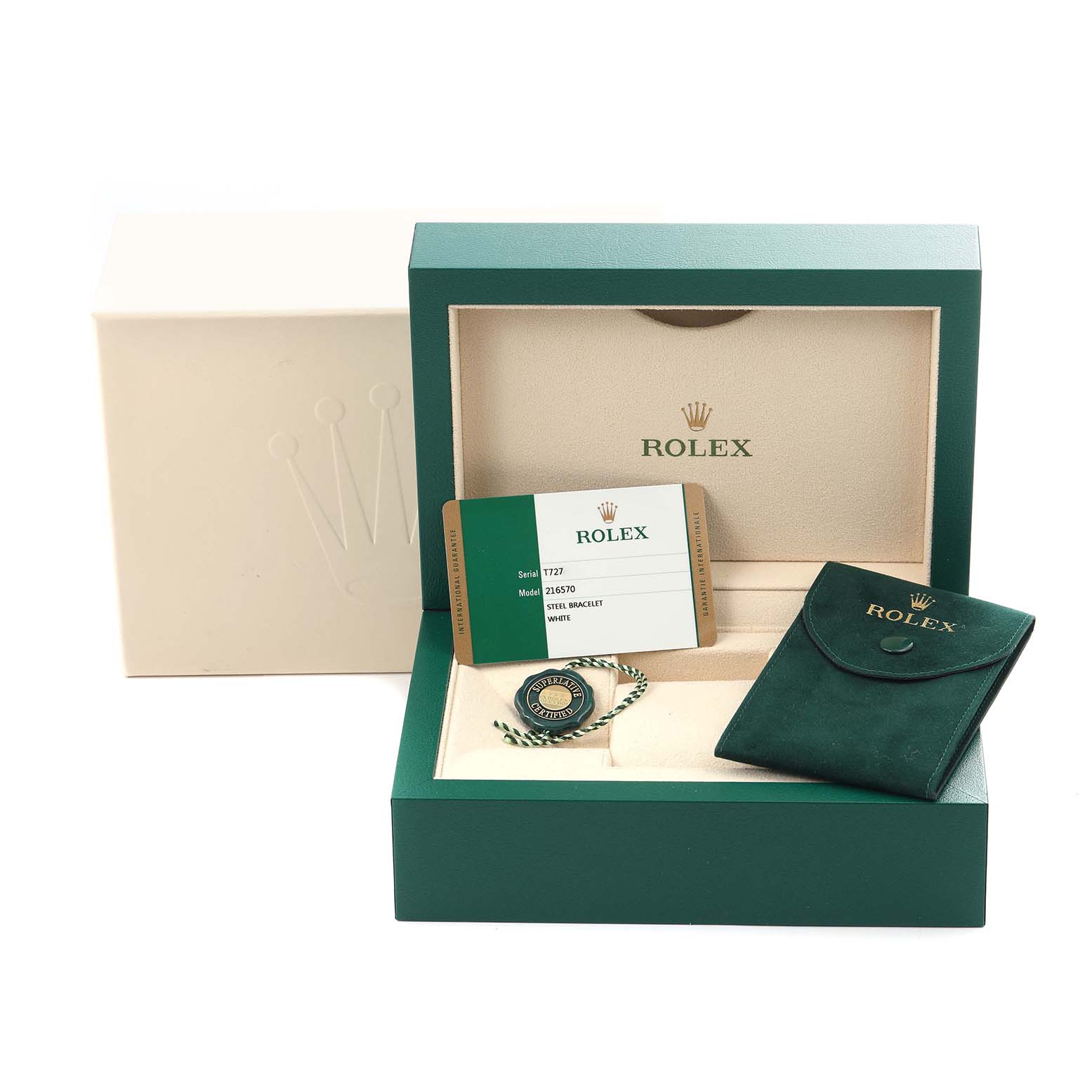 The image shows the packaging and accessories for a Rolex Explorer 216570 Men's Stainless Steel White Dial 216570 Men's Stainless Steel White Dial, including the box, warranty card, pouch, and a tag.