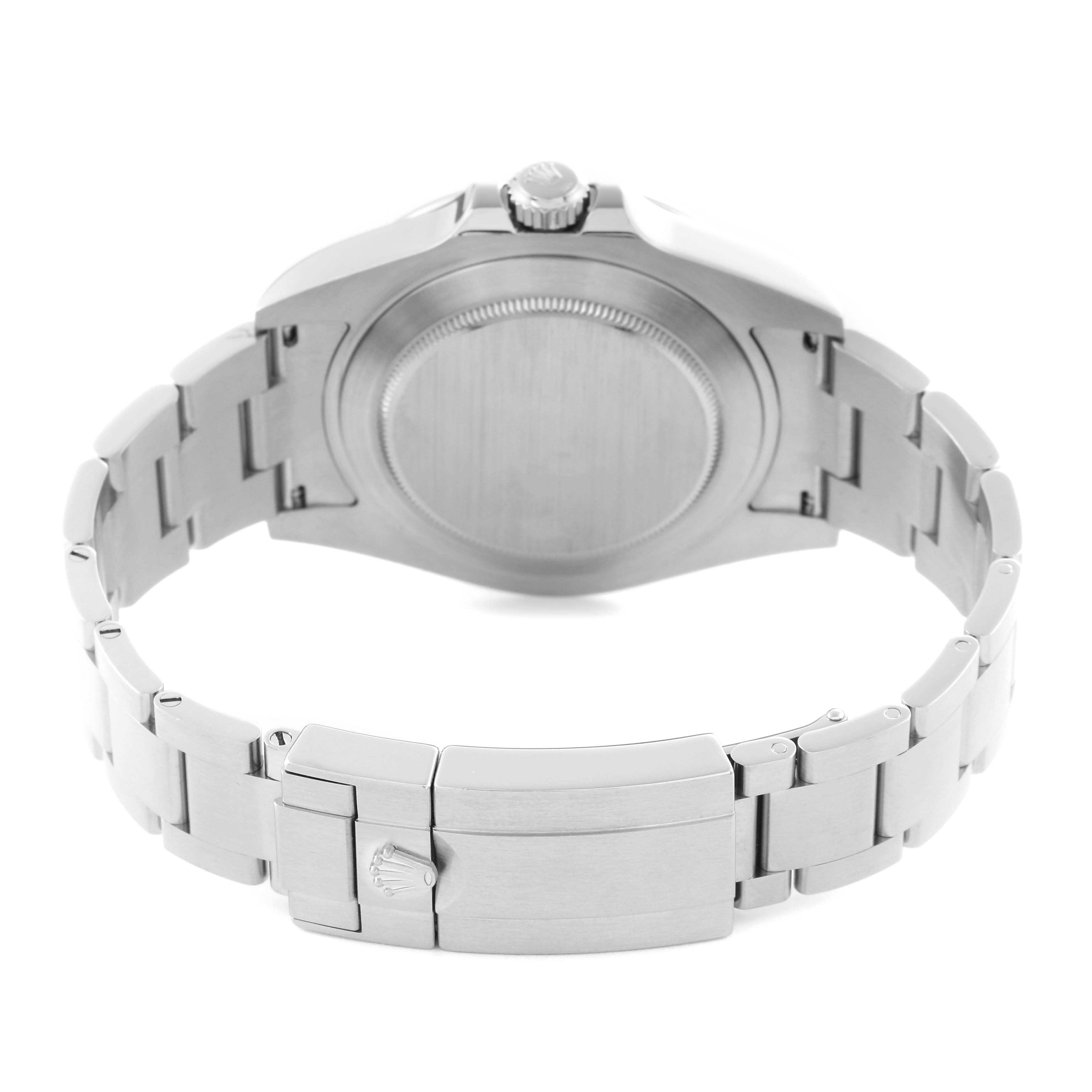 The image shows the back view of the Rolex Explorer 216570 Men's Stainless Steel White Dial 216570 Men's Stainless Steel White Dial model, highlighting the case back, bracelet, and clasp.