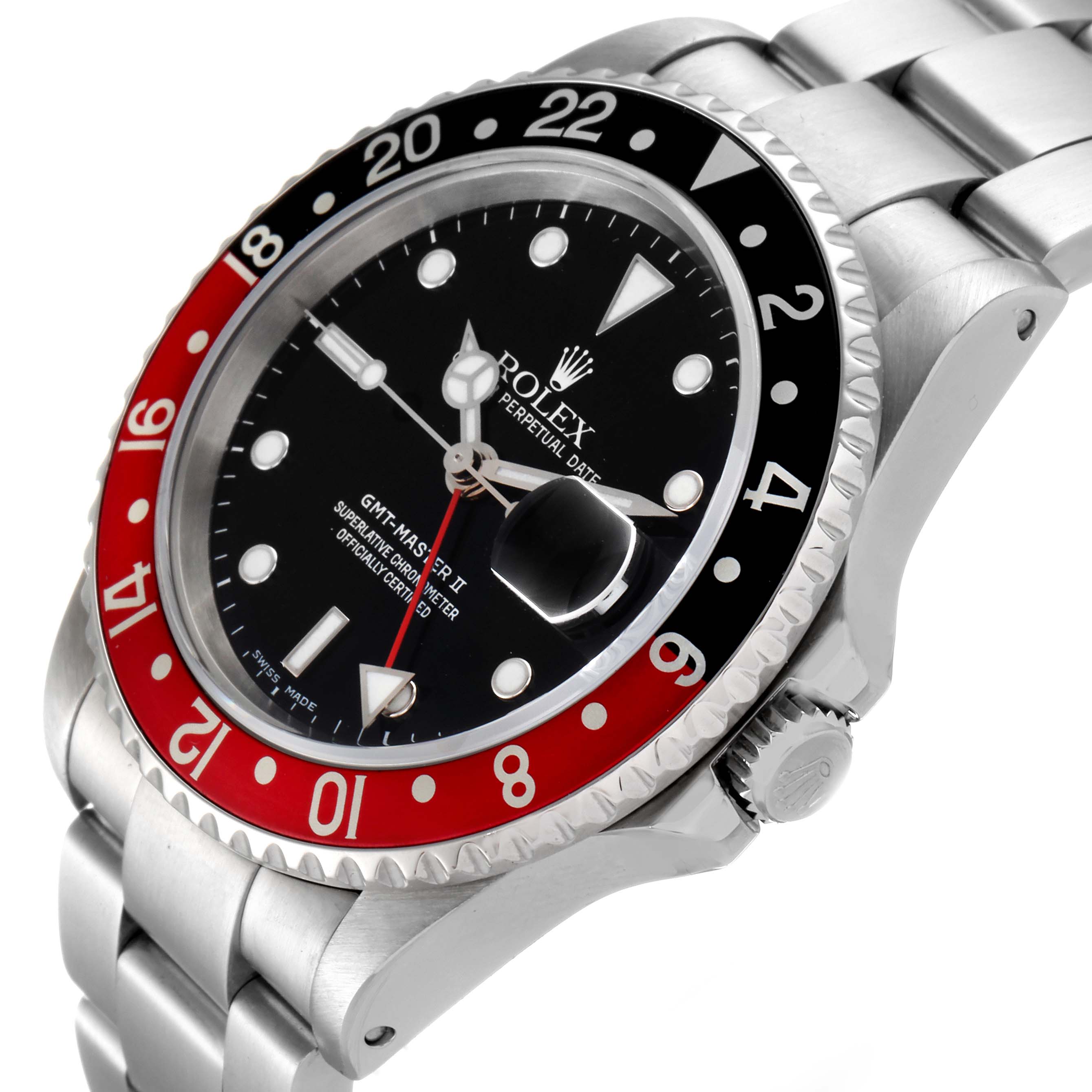 This image shows a Rolex GMT-Master 16710 Men
s Stainless Steel Black Dial 16710 Men
s Stainless Steel Black Dial watch angled to reveal the face, bezel, and part of the bracelet.