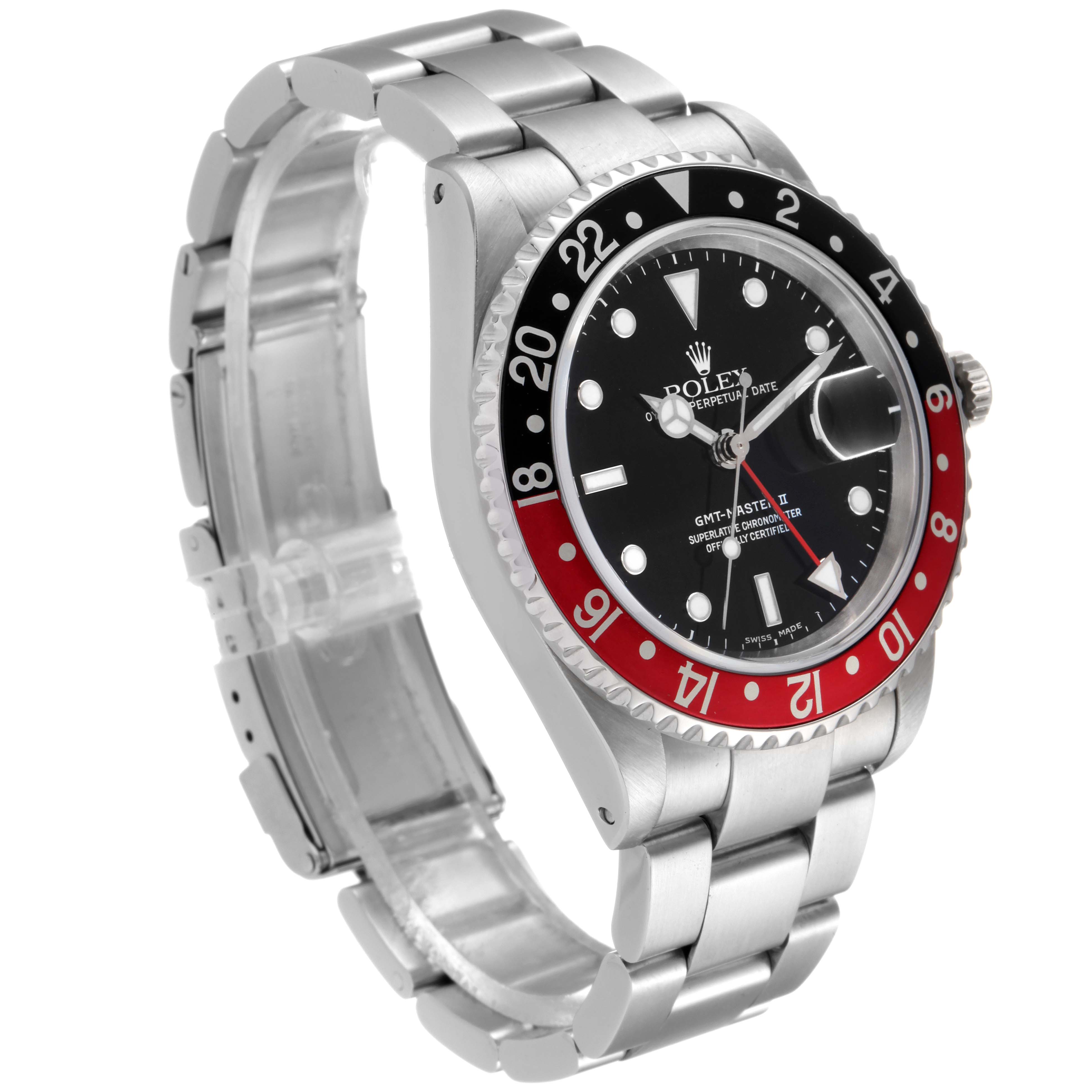 The image shows a Rolex GMT-Master 16710 Men
s Stainless Steel Black Dial 16710 Men
s Stainless Steel Black Dial II watch from an angled side view, displaying the bezel, dial, and bracelet.