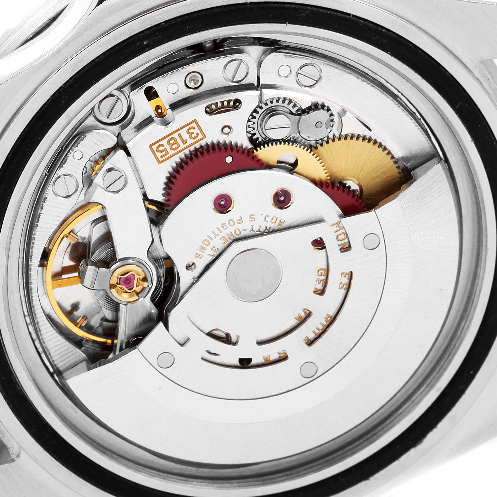 The image displays the intricate internal mechanism of the Rolex GMT-Master 16710 Men
s Stainless Steel Black Dial 16710 Men
s Stainless Steel Black Dial watch from a back angle.