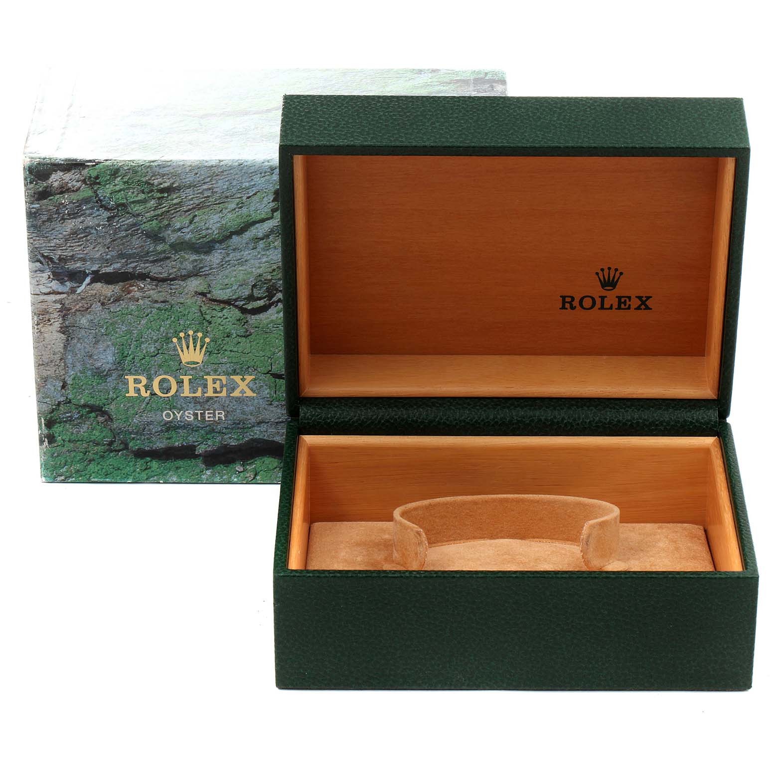 This image shows a Rolex GMT-Master 16710 Men
s Stainless Steel Black Dial 16710 Men
s Stainless Steel Black Dial watch box, with the outer box and inner wooden presentation case open.