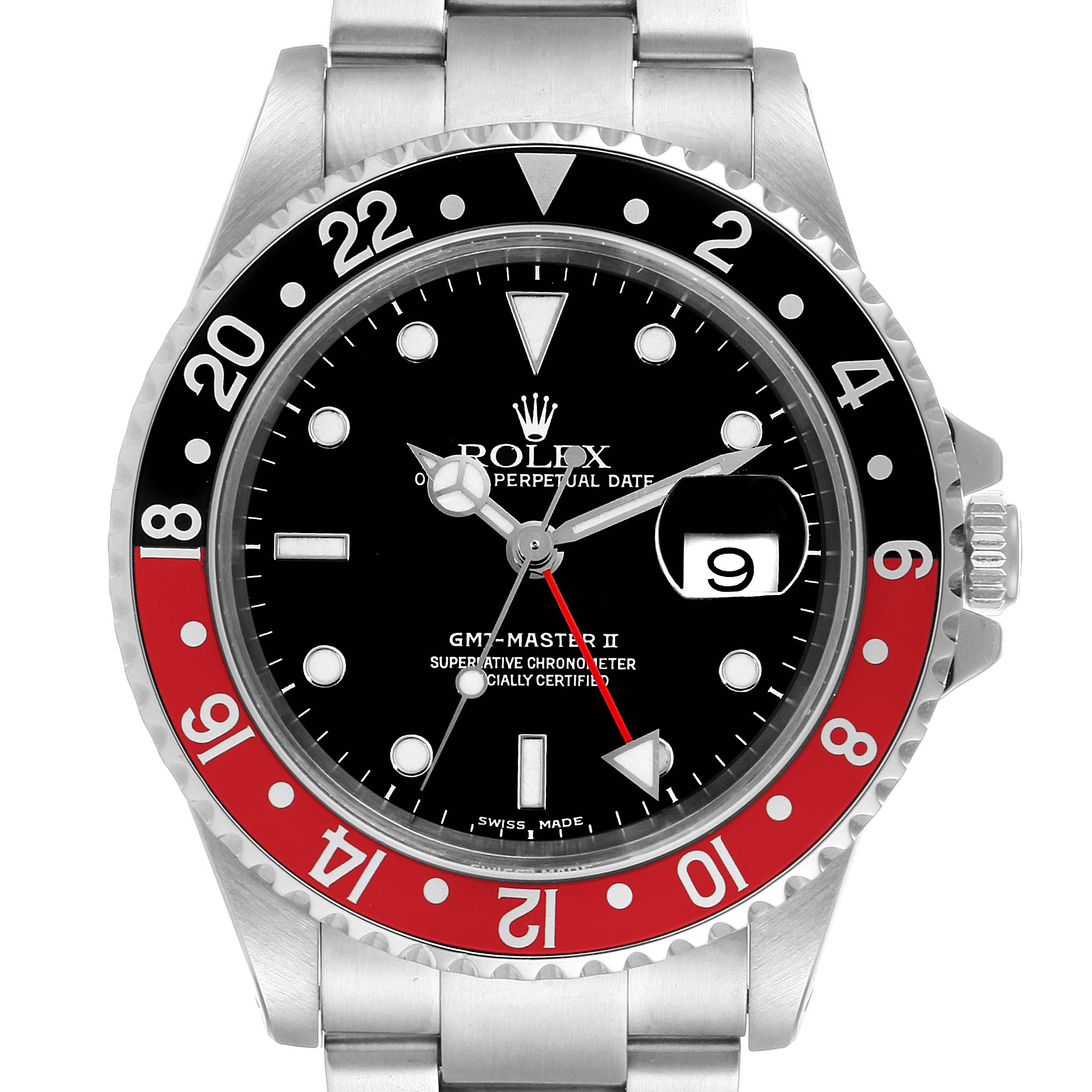 The image shows a front view of a Rolex GMT-Master 16710 Men
s Stainless Steel Black Dial 16710 Men
s Stainless Steel Black Dial II watch, highlighting its bezel, dial, hands, and date window.