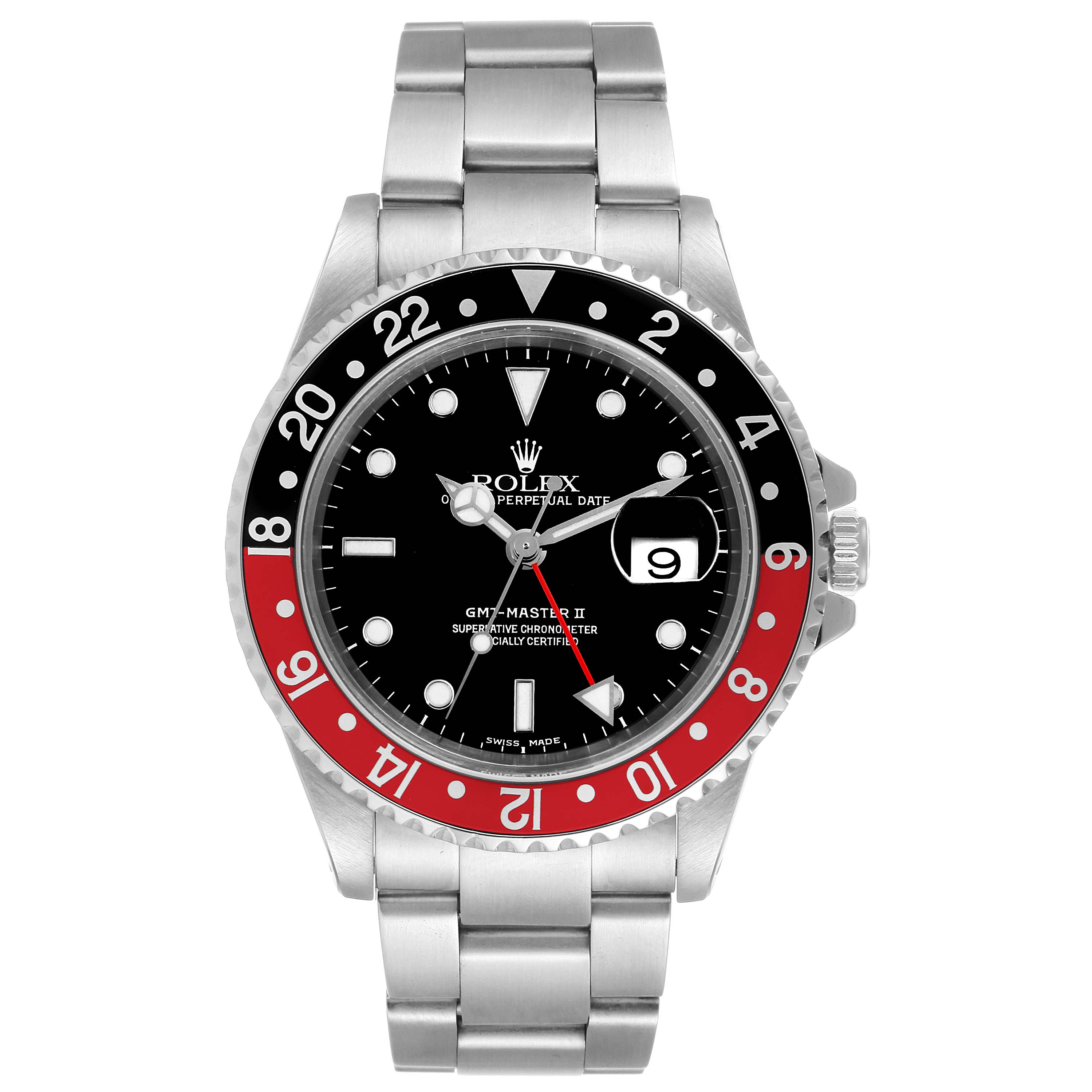 The Rolex GMT-Master 16710 Men
s Stainless Steel Black Dial 16710 Men
s Stainless Steel Black Dial II watch is shown from a front angle, displaying the dial, bezel, hands, and part of the bracelet.