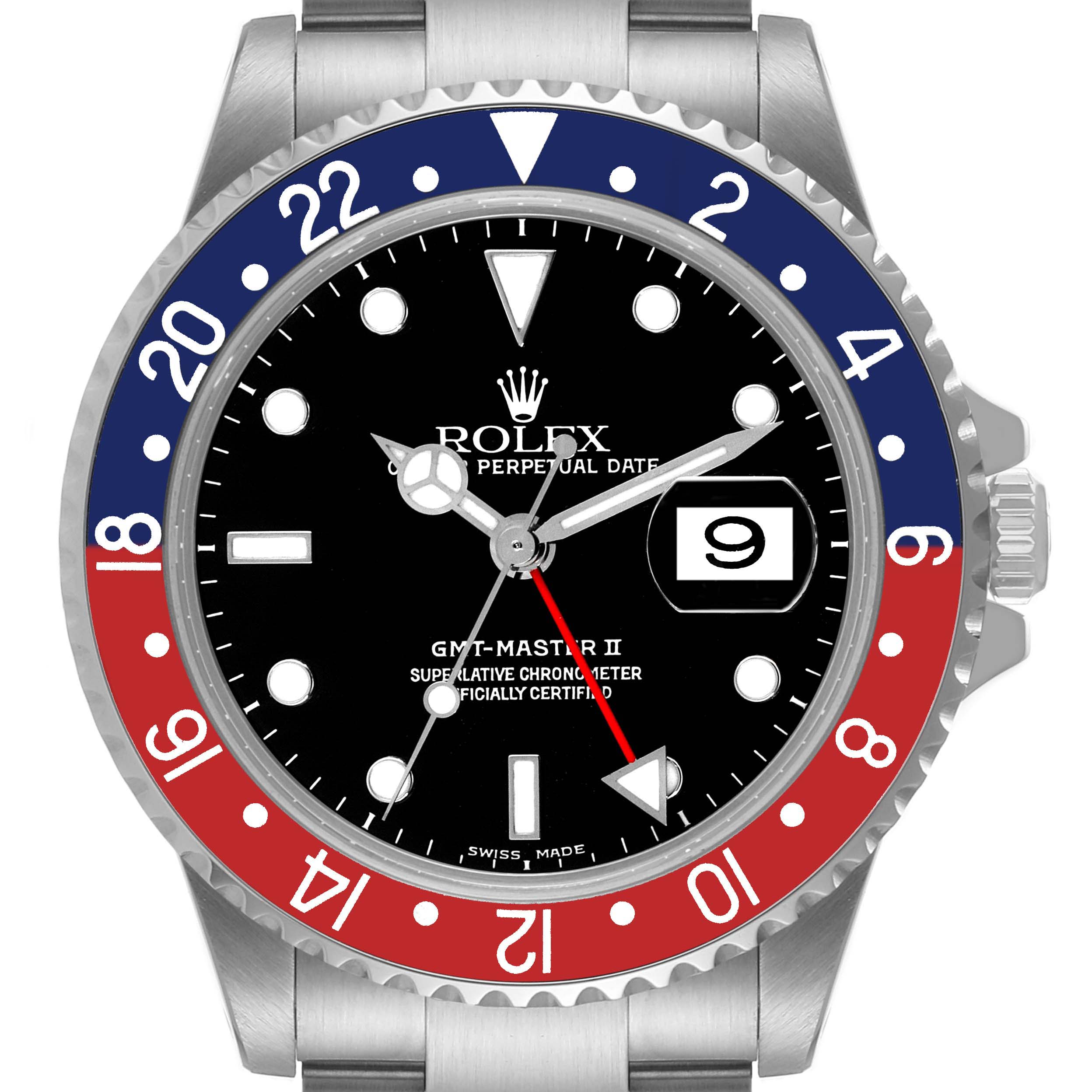 The image shows a frontal close-up of the Rolex GMT-Master 16710 Men's Stainless Steel Black Dial 16710 Men's Stainless Steel Black Dial II watch, highlighting the dial, bezel, and crown.