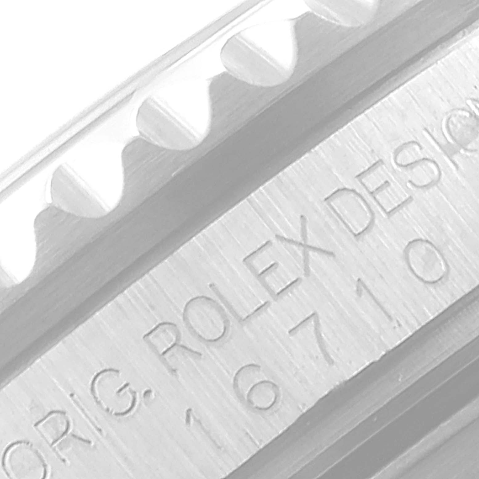 The image shows a close-up of the side of a Rolex GMT-Master 16710 Men's Stainless Steel Black Dial 16710 Men's Stainless Steel Black Dial, focusing on the model number "16710" and the bezel's edge.