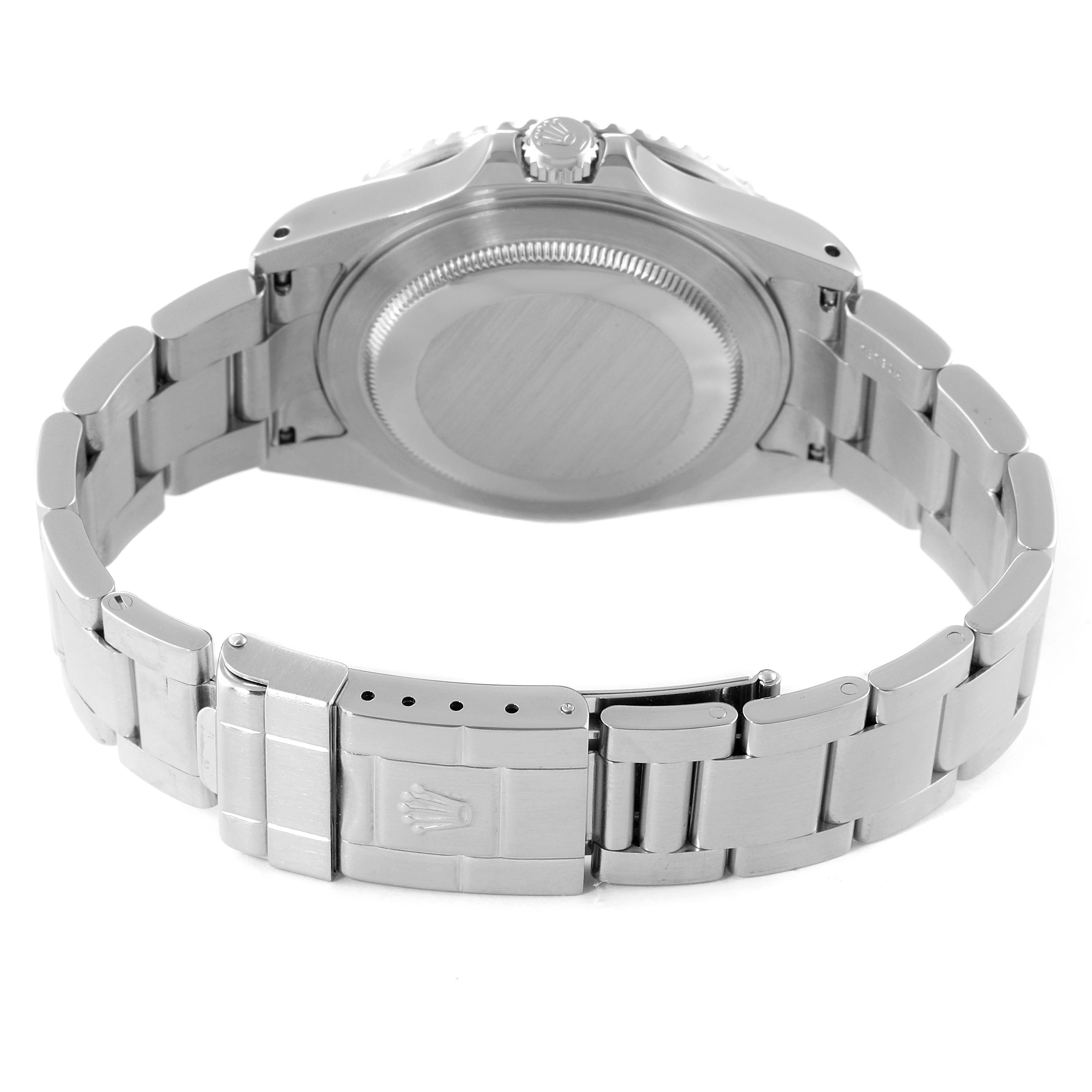 This image shows the back view of a Rolex GMT-Master 16710 Men's Stainless Steel Black Dial 16710 Men's Stainless Steel Black Dial watch, highlighting the case back and bracelet.