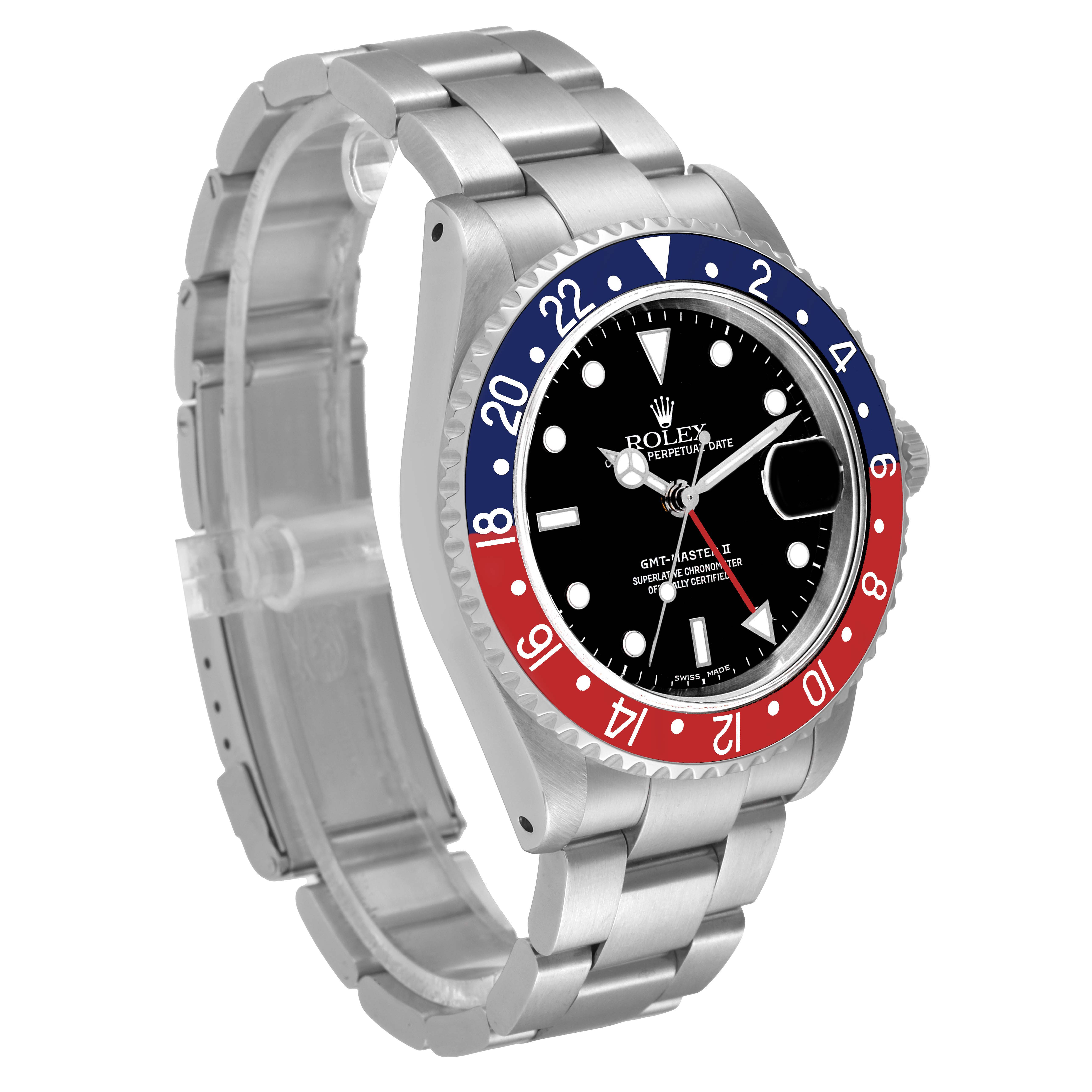 This image shows a Rolex GMT-Master 16710 Men's Stainless Steel Black Dial 16710 Men's Stainless Steel Black Dial watch, captured at a slight angle displaying its face and stainless steel band.