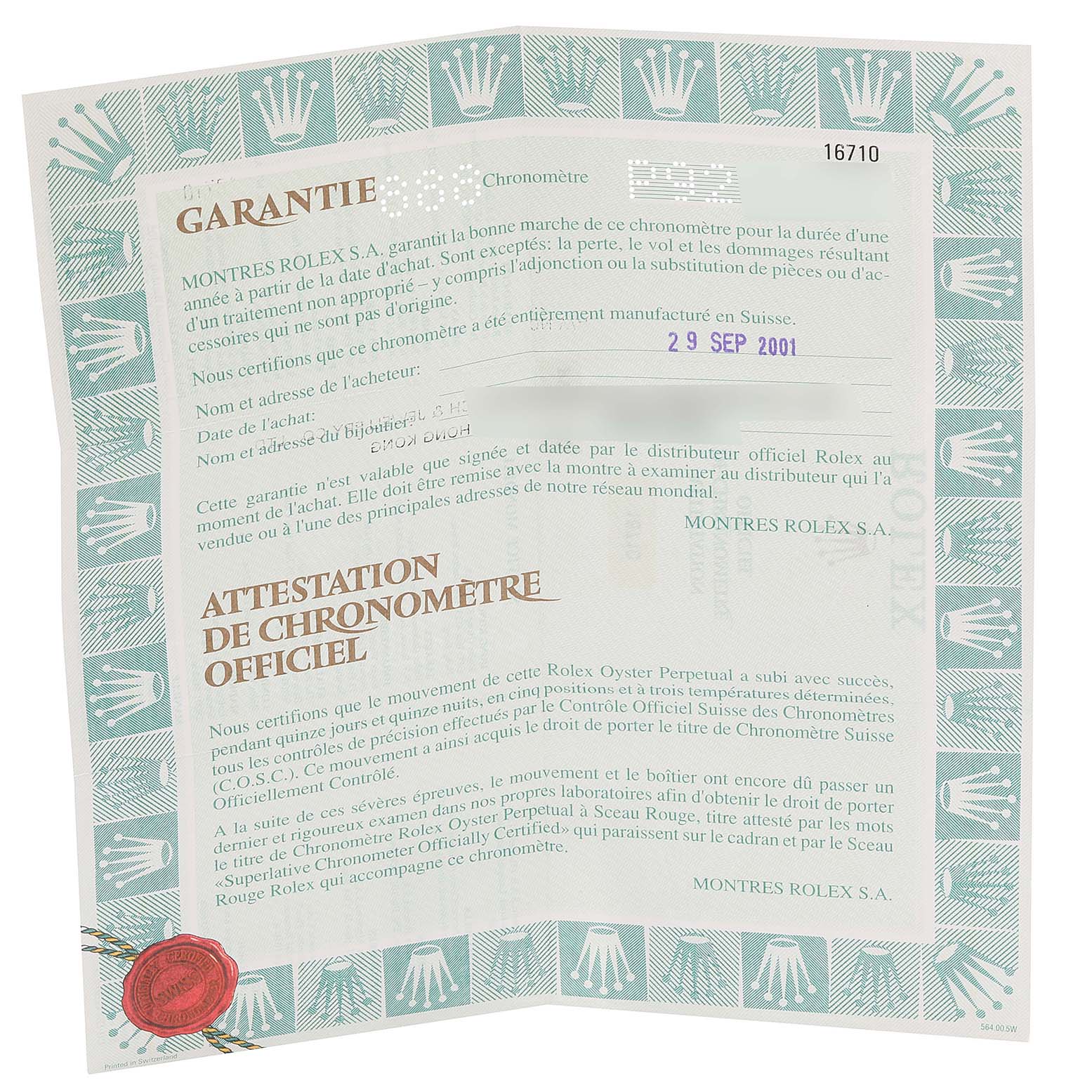 This image shows a certificate of guarantee for the Rolex GMT-Master 16710 Men's Stainless Steel Black Dial 16710 Men's Stainless Steel Black Dial model, dated 29 SEP 2001.