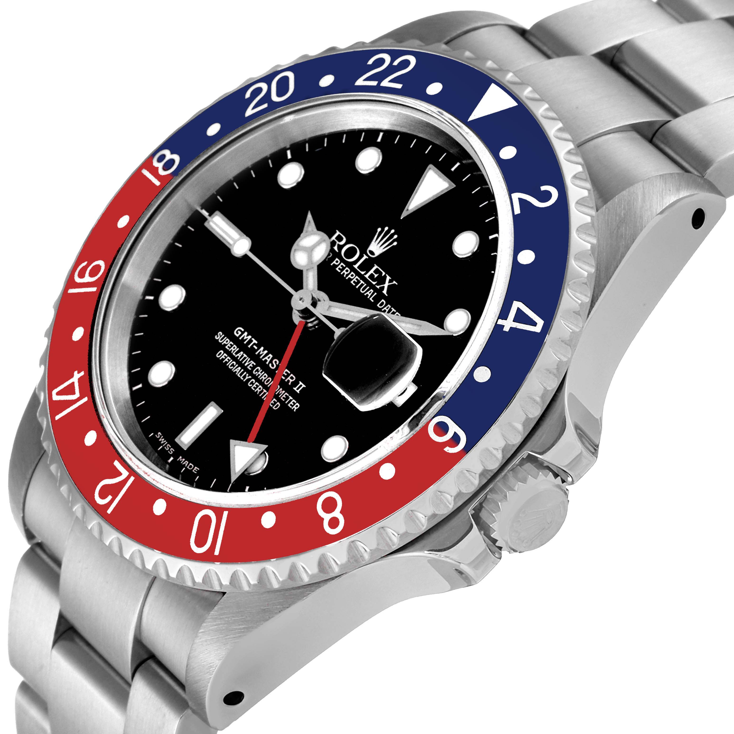 This image shows a Rolex GMT-Master 16710 Men's Stainless Steel Black Dial 16710 Men's Stainless Steel Black Dial watch at an oblique angle, highlighting its bezel, face, and part of the bracelet.