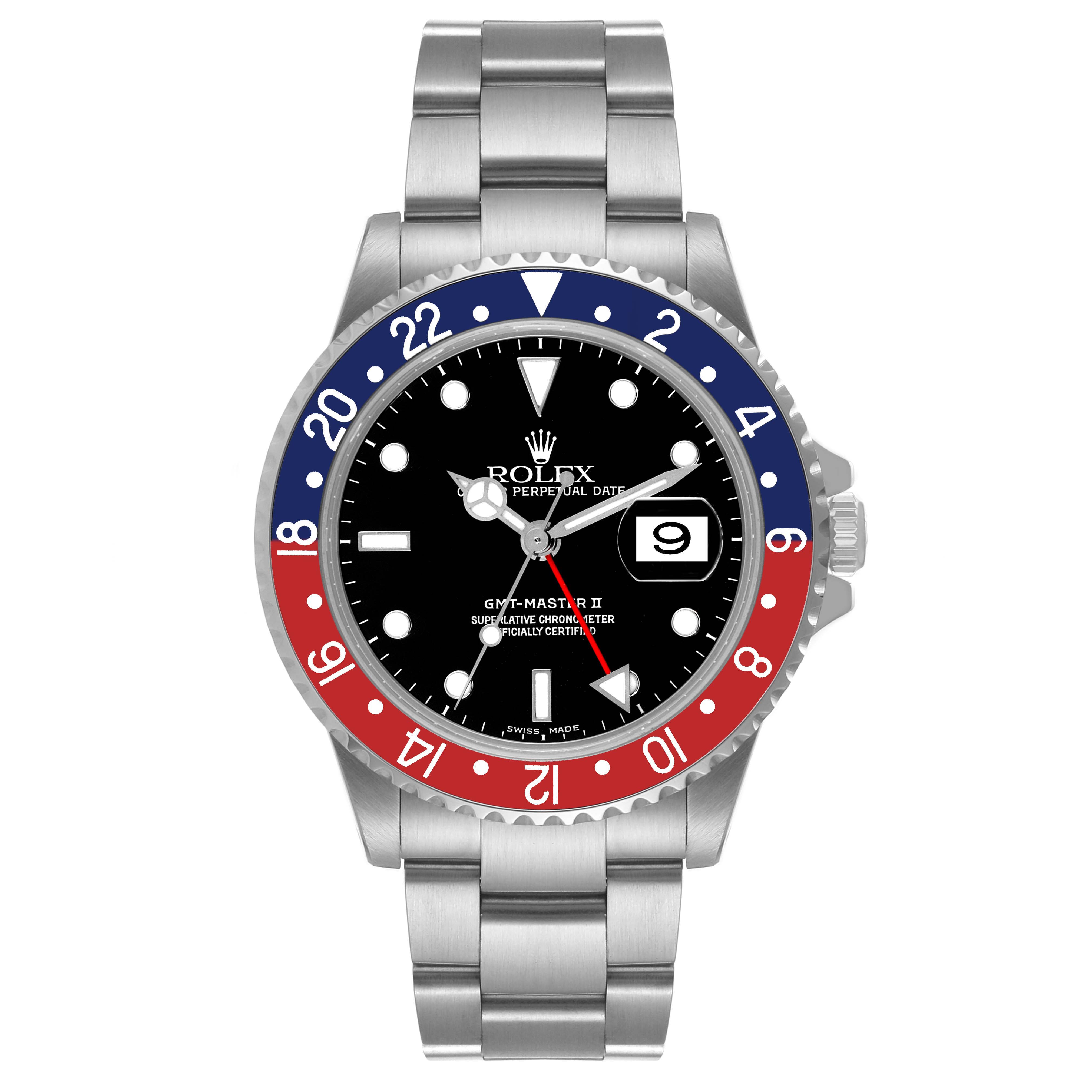 This image shows a front view of a Rolex GMT-Master 16710 Men's Stainless Steel Black Dial 16710 Men's Stainless Steel Black Dial II watch with a two-tone bezel and date display.