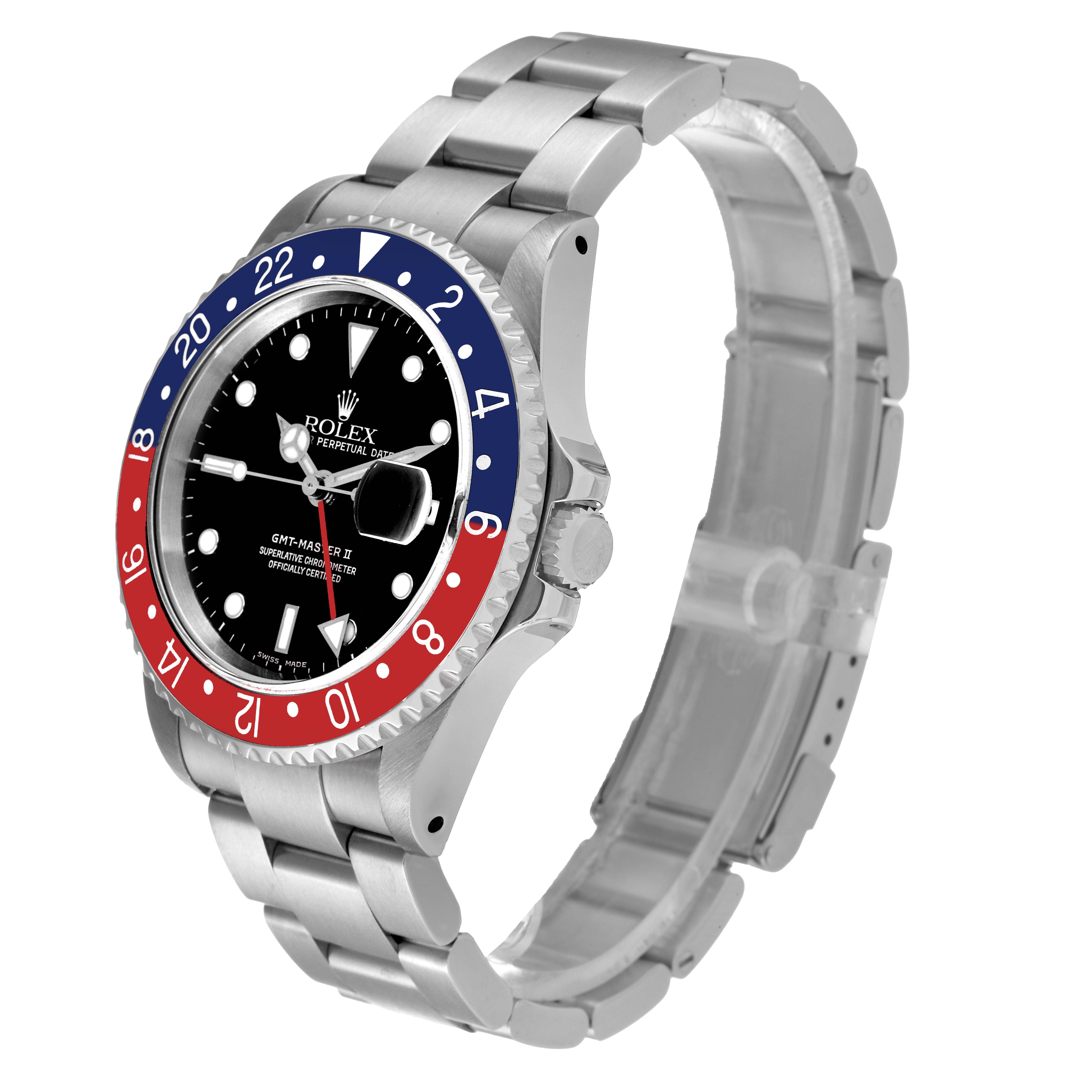 The Rolex GMT-Master 16710 Men's Stainless Steel Black Dial 16710 Men's Stainless Steel Black Dial watch is shown at a slight angle, displaying its face, bezel, case, and bracelet.