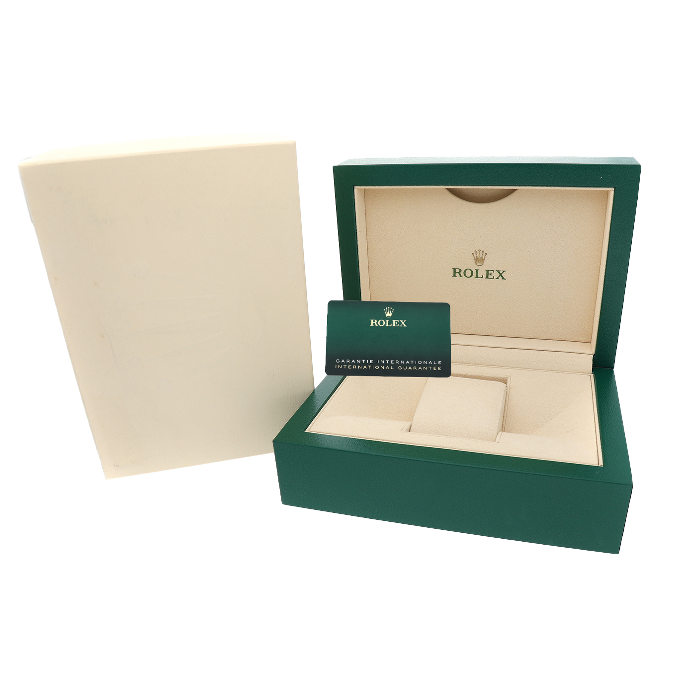 The image shows the Rolex GMT-Master 126713 Men's Steel and Gold (two tone) Black Dial box, with an open green watch case and an international guarantee card.