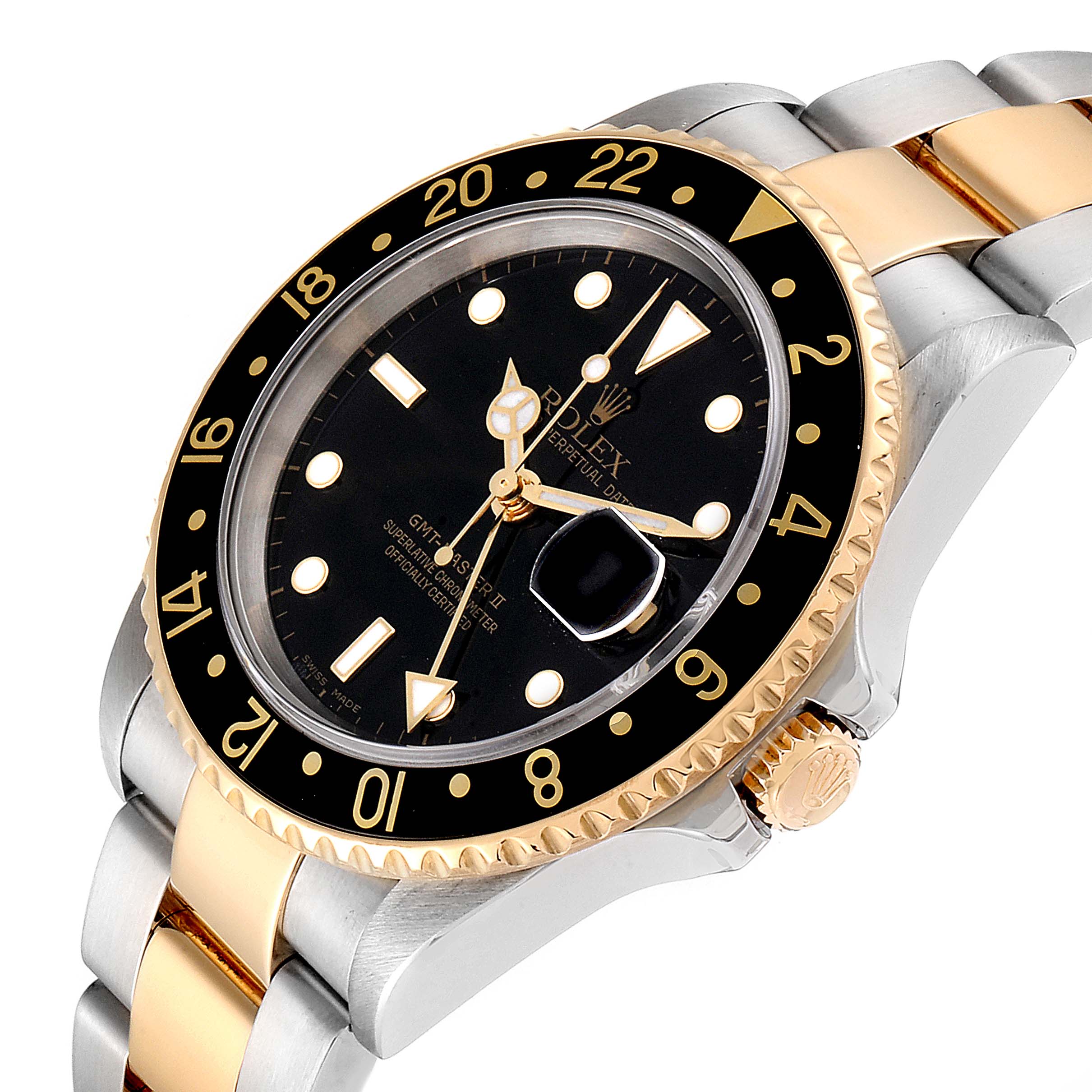 The Rolex GMT-Master 16713 Men's Steel and Gold (two tone) Black Dial 16713 Men's Steel and Gold (two tone) Black Dial watch is shown at an angle highlighting the bezel, dial, crown, and two-tone bracelet.
