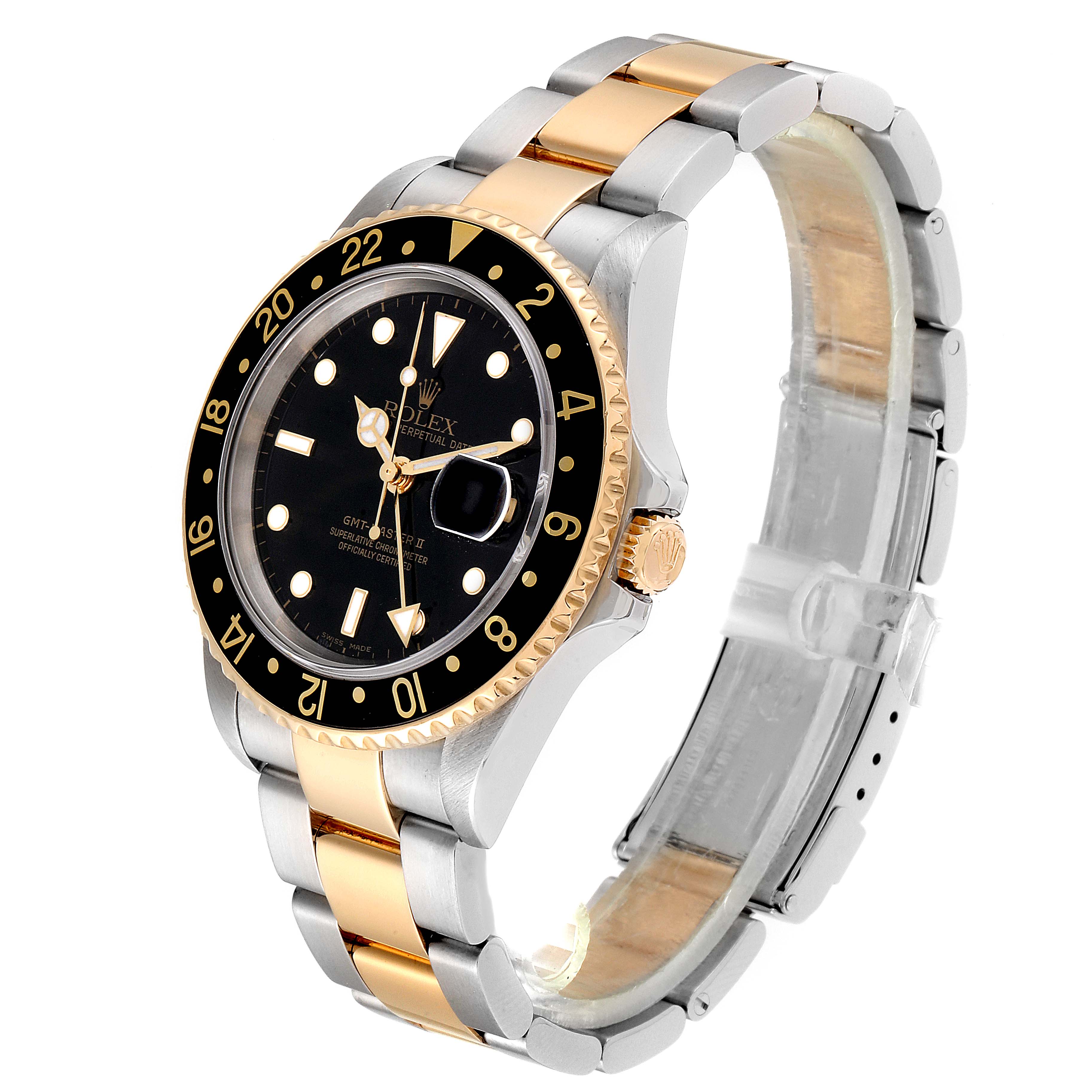The image shows a Rolex GMT-Master 16713 Men's Steel and Gold (two tone) Black Dial 16713 Men's Steel and Gold (two tone) Black Dial II watch angled from the front-left, displaying the dial, bezel, and bracelet.