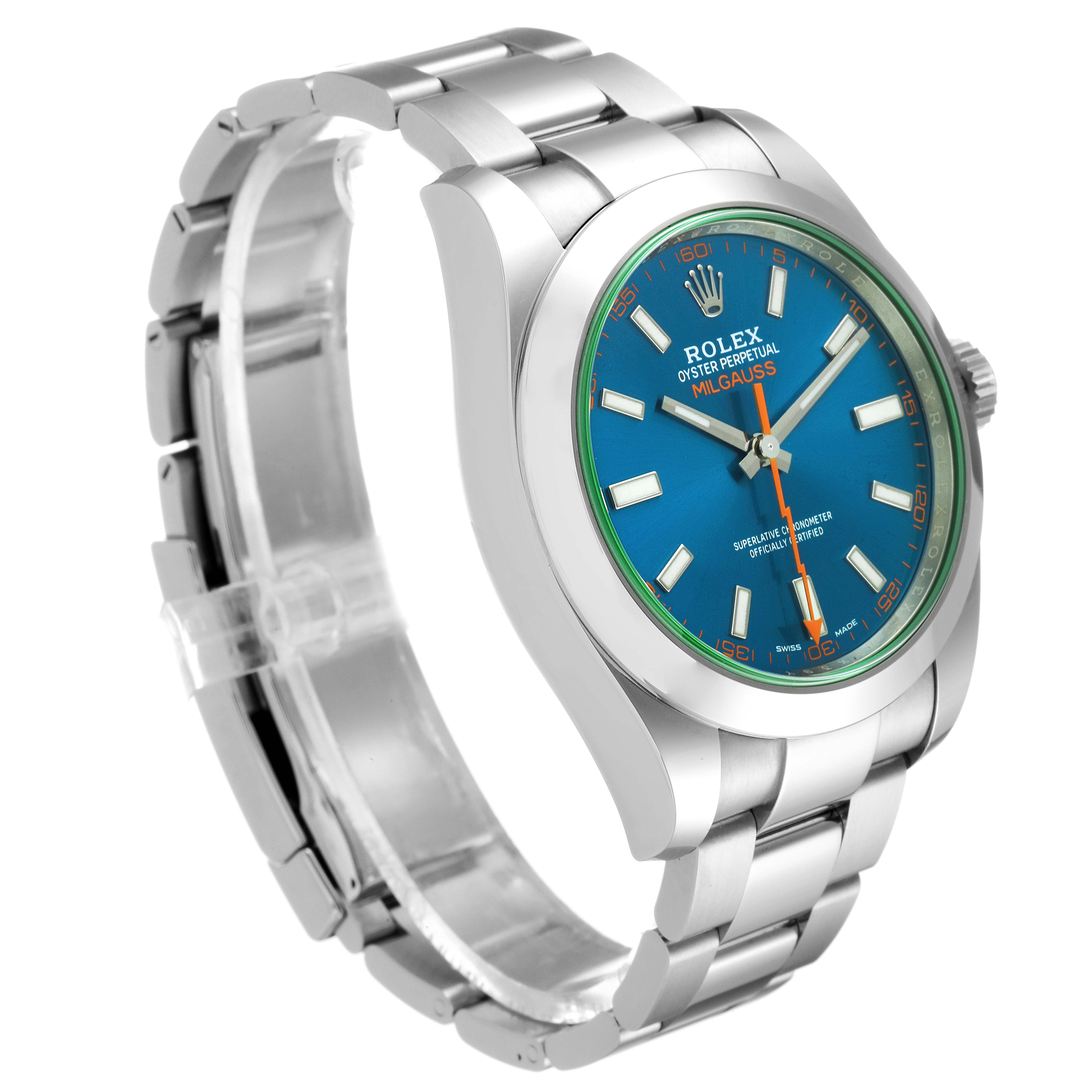 The image shows a side angle of a Rolex Milgauss 116400GV Men
s Stainless Steel Blue Dial 116400GV Men
s Stainless Steel Blue Dial watch, displaying the blue dial, stainless steel case, and bracelet.