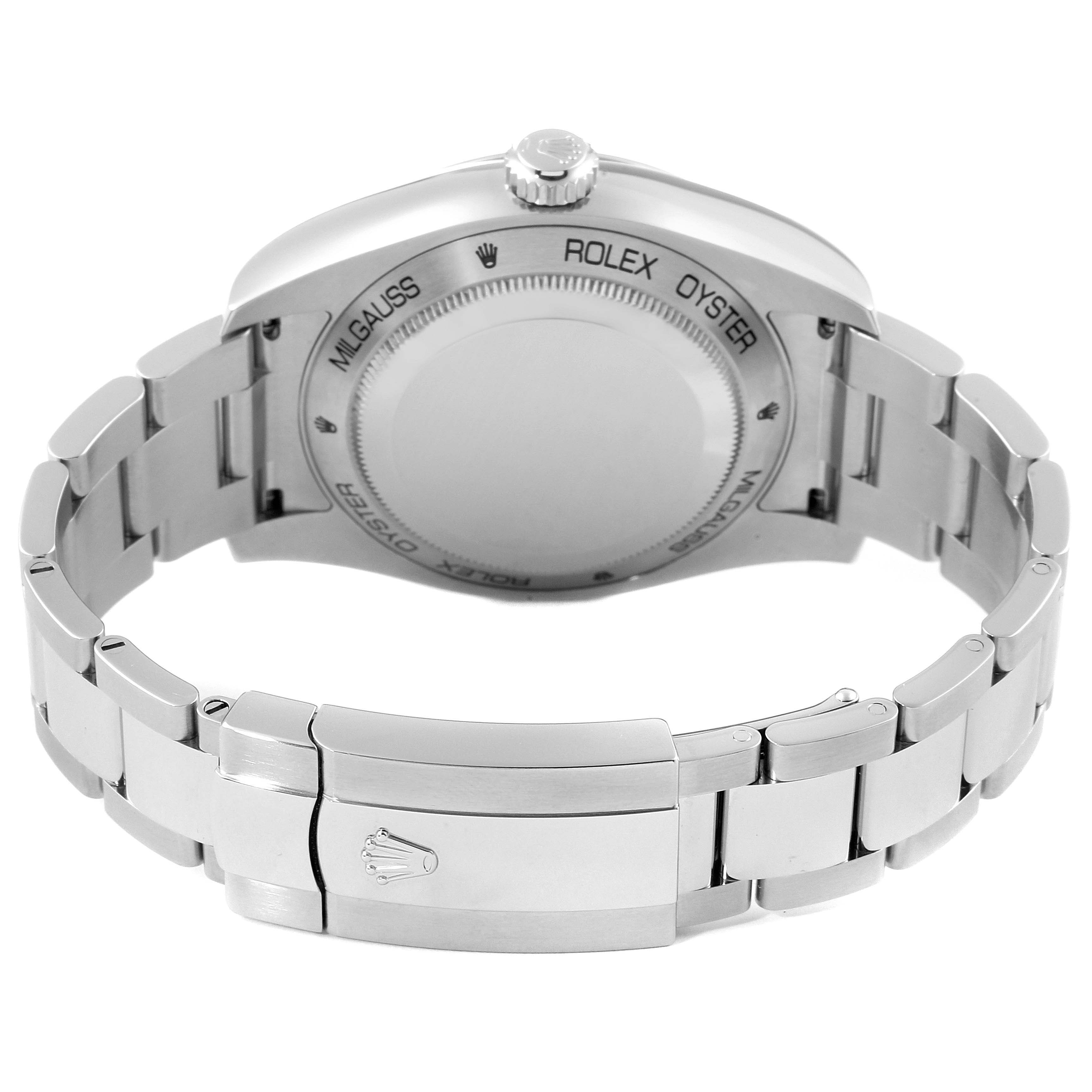 The image shows the back of a Rolex Milgauss 116400GV Men
s Stainless Steel Blue Dial 116400GV Men
s Stainless Steel Blue Dial watch, focusing on the case back, bracelet links, and clasp.