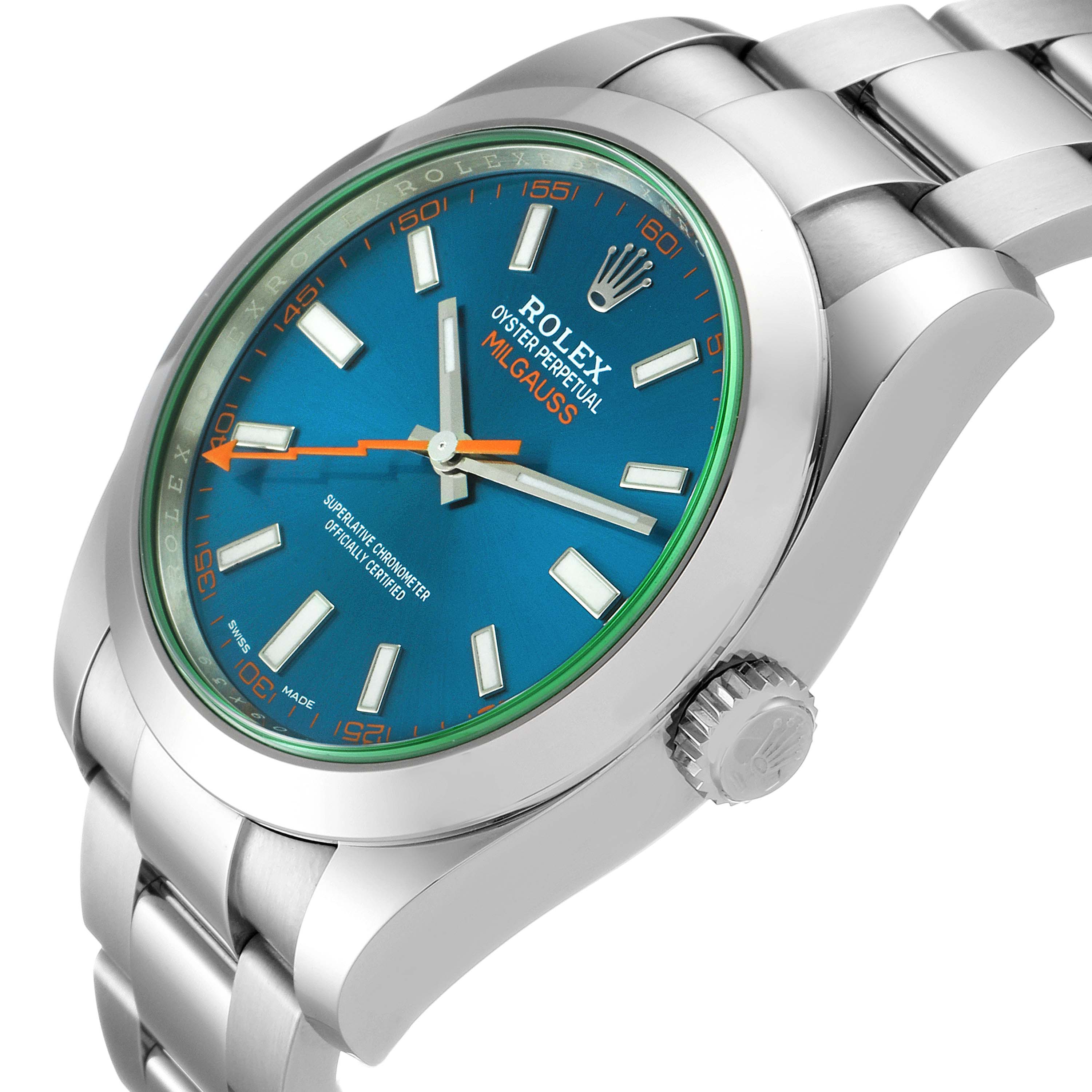 The image shows a close-up angled view of the Rolex Milgauss 116400GV Men
s Stainless Steel Blue Dial 116400GV Men
s Stainless Steel Blue Dial watch face and part of its stainless steel band.