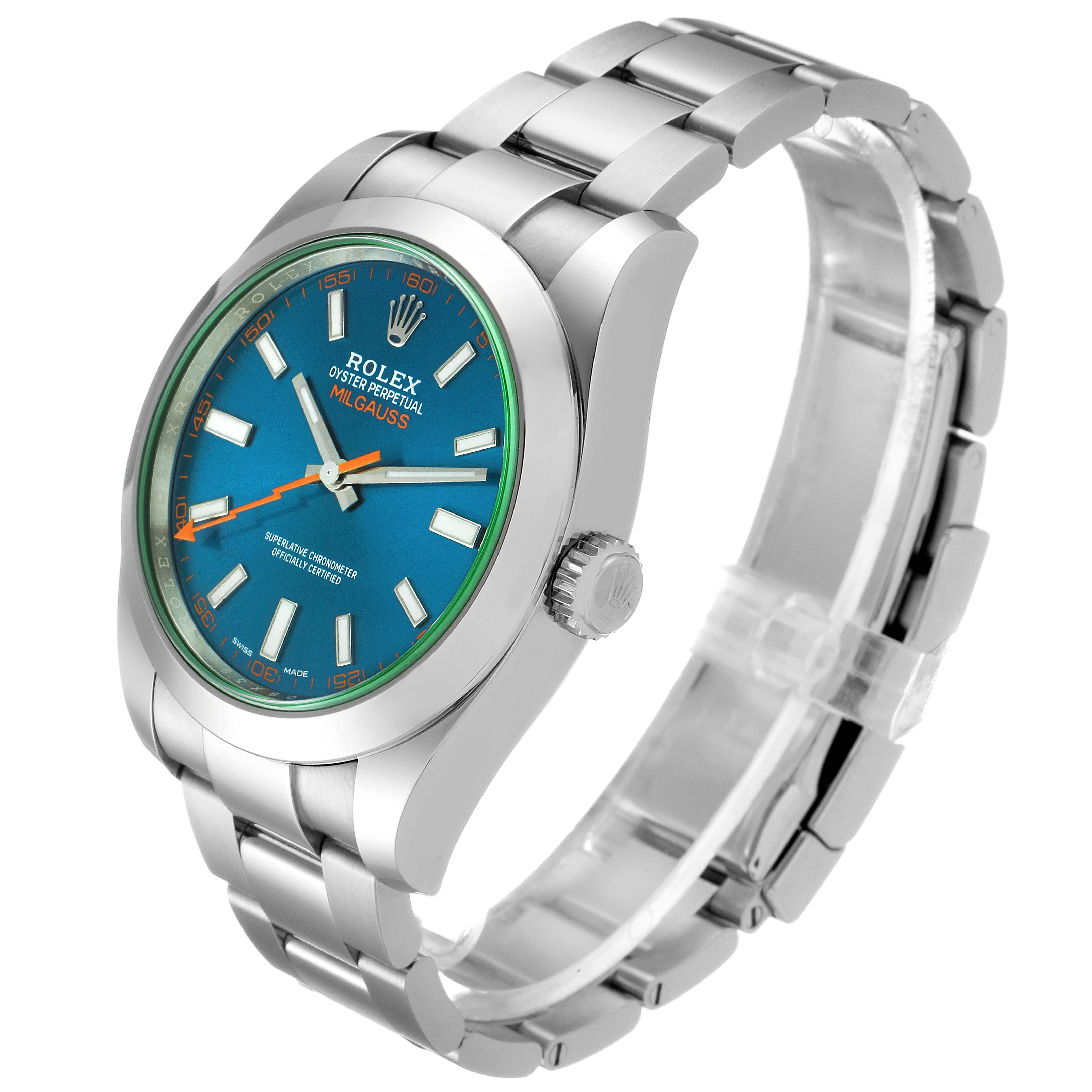 The Rolex Milgauss 116400GV Men
s Stainless Steel Blue Dial 116400GV Men
s Stainless Steel Blue Dial watch is shown at an angled side view, displaying its blue dial, hour markers, crown, and stainless steel bracelet.