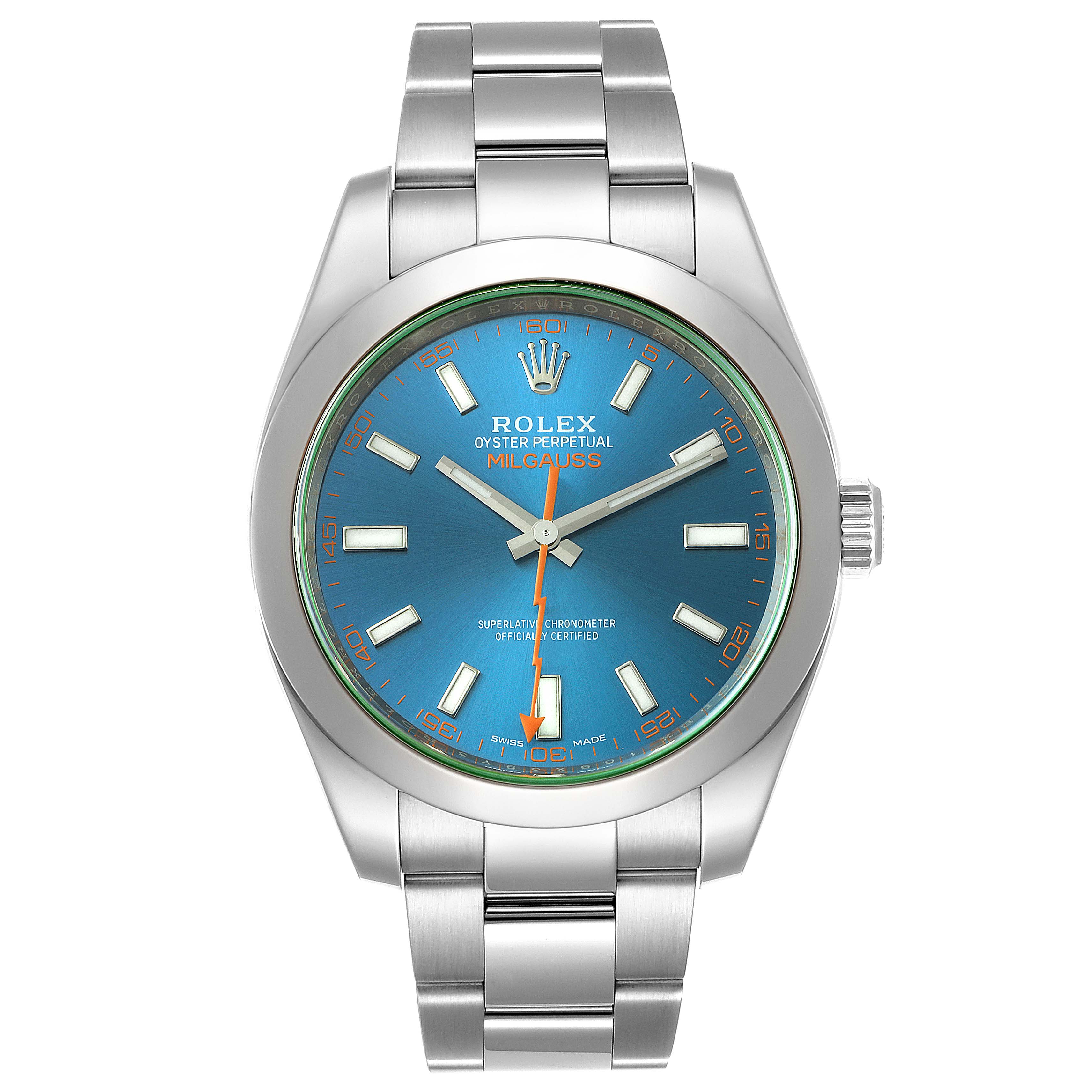 The image shows a frontal view of the Rolex Milgauss 116400GV Men
s Stainless Steel Blue Dial 116400GV Men
s Stainless Steel Blue Dial watch, displaying the face, hands, and bracelet.