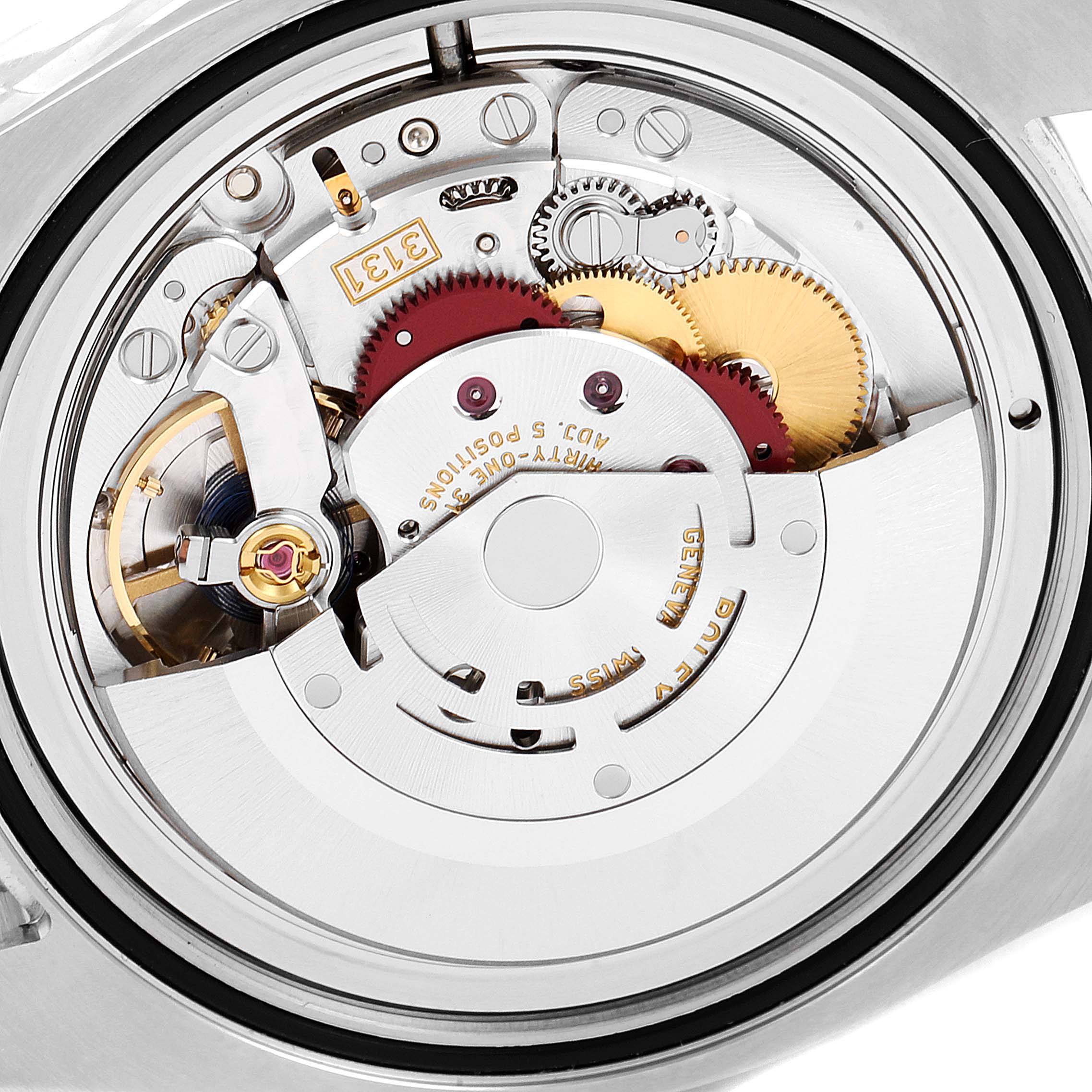 This image shows the intricate movement mechanism of the Rolex Milgauss 116400GV Men
s Stainless Steel Blue Dial 116400GV Men
s Stainless Steel Blue Dial watch from a close-up, internal angle.