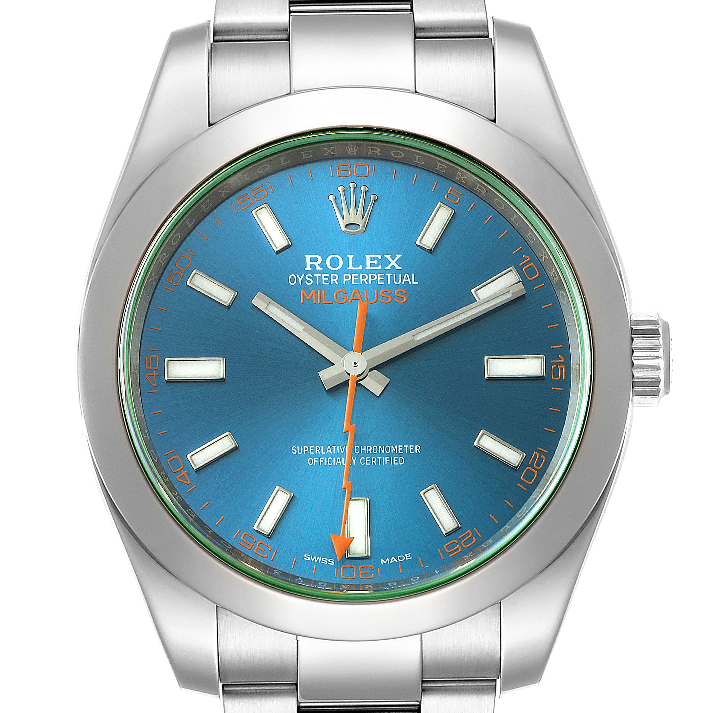 The image shows a front view of a Rolex Milgauss 116400GV Men
s Stainless Steel Blue Dial 116400GV Men
s Stainless Steel Blue Dial watch, highlighting its face, hands, bezel, and part of the bracelet.