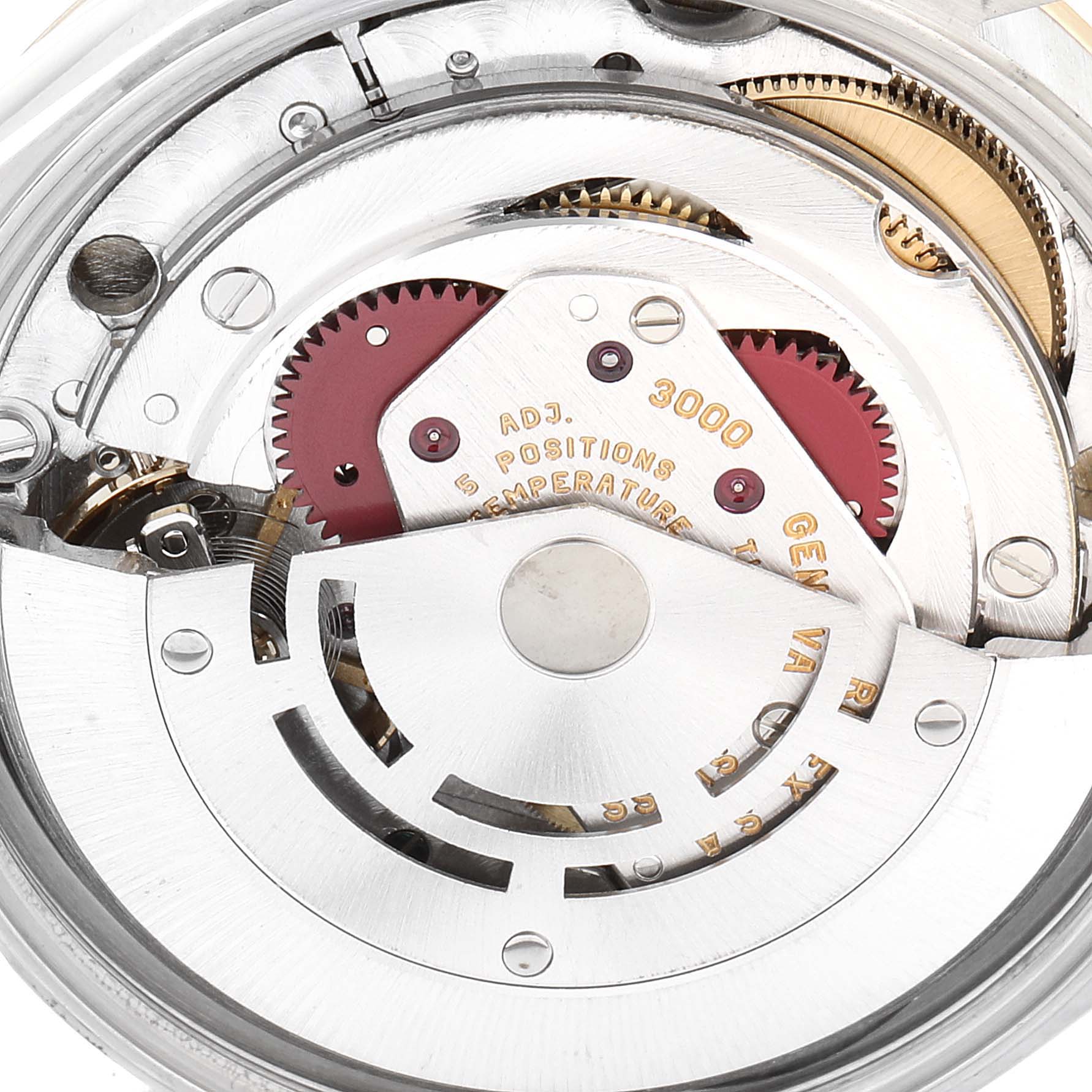 This image shows a close-up of the internal movement mechanism of a Rolex Oyster Perpetual 14203 Men's Steel and Gold (two tone) Grey Dial 14203 Men's Steel and Gold (two tone) Grey Dial watch.