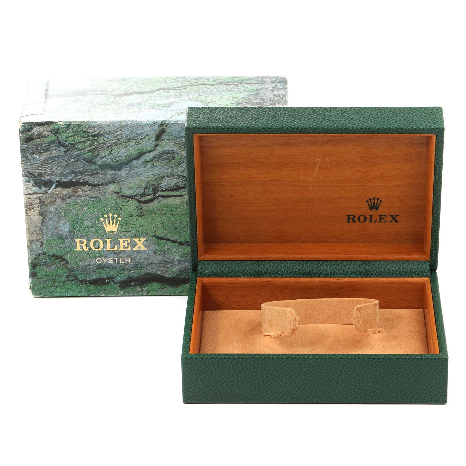 This image shows an empty Rolex Oyster Perpetual 14203 Men's Steel and Gold (two tone) Grey Dial 14203 Men's Steel and Gold (two tone) Grey Dial watch box made of wood and green textured material, along with its outer box.