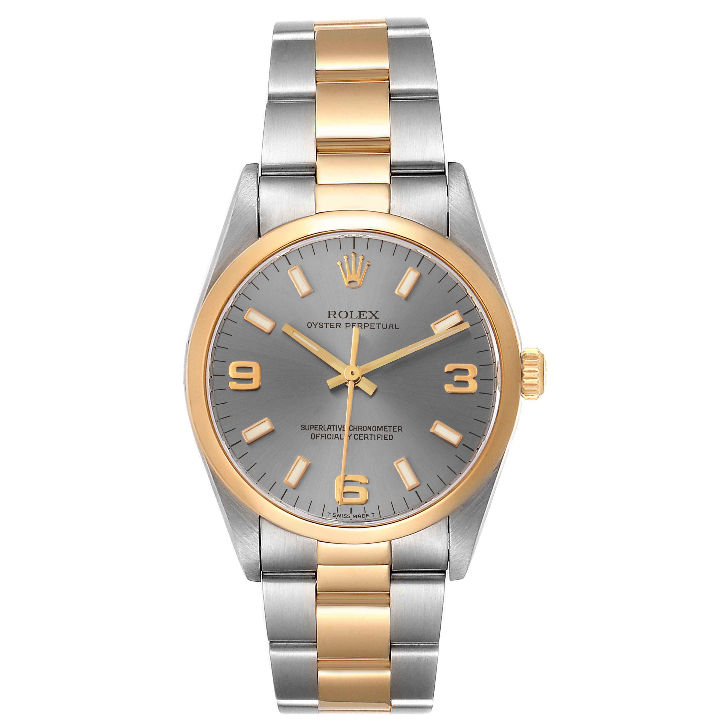 The image shows a front view of a Rolex Oyster Perpetual 14203 Men's Steel and Gold (two tone) Grey Dial 14203 Men's Steel and Gold (two tone) Grey Dial watch with a two-tone metal band and a gray dial.