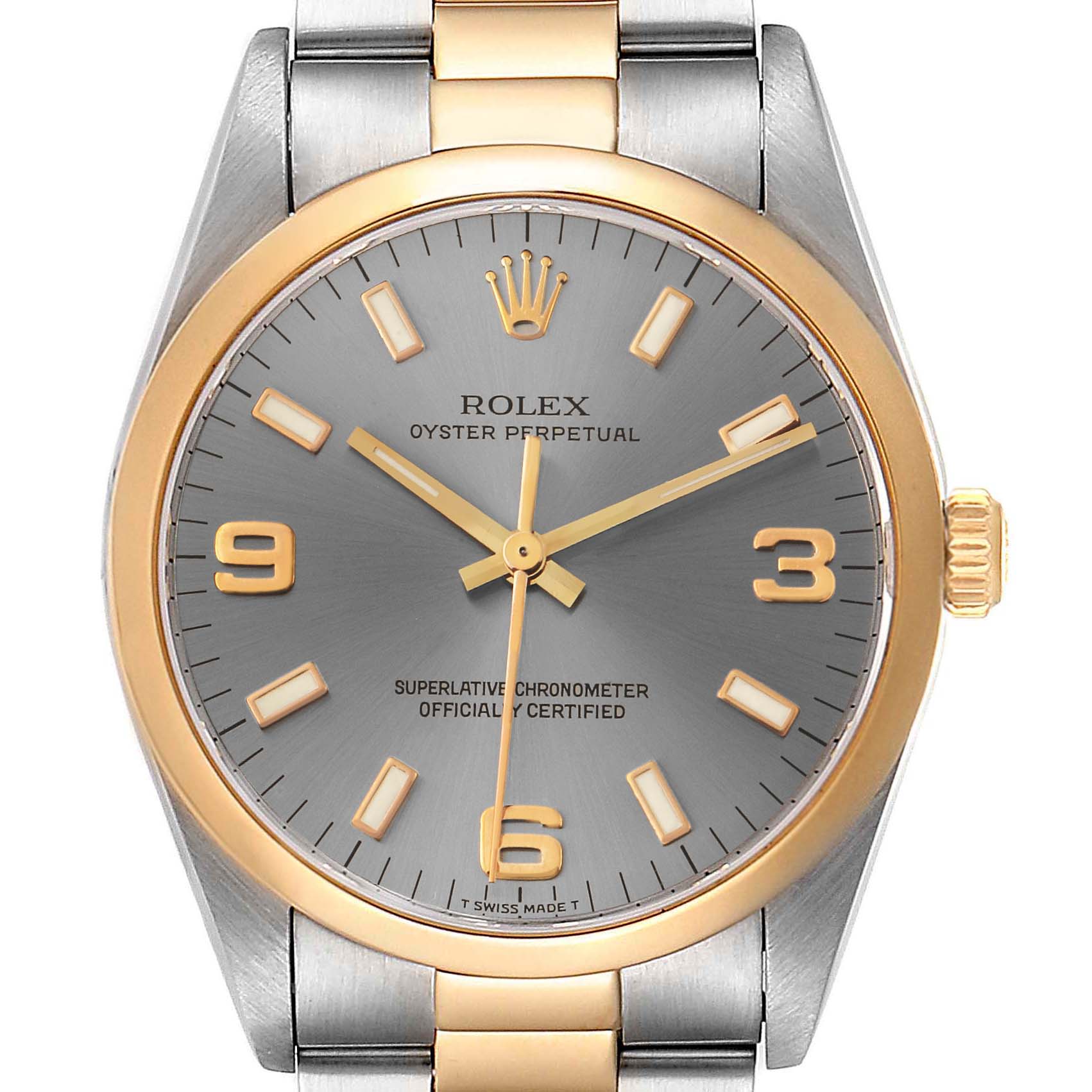 This is a front view of a Rolex Oyster Perpetual 14203 Men's Steel and Gold (two tone) Grey Dial 14203 Men's Steel and Gold (two tone) Grey Dial watch showing the dial, bezel, crown, and part of the bracelet.